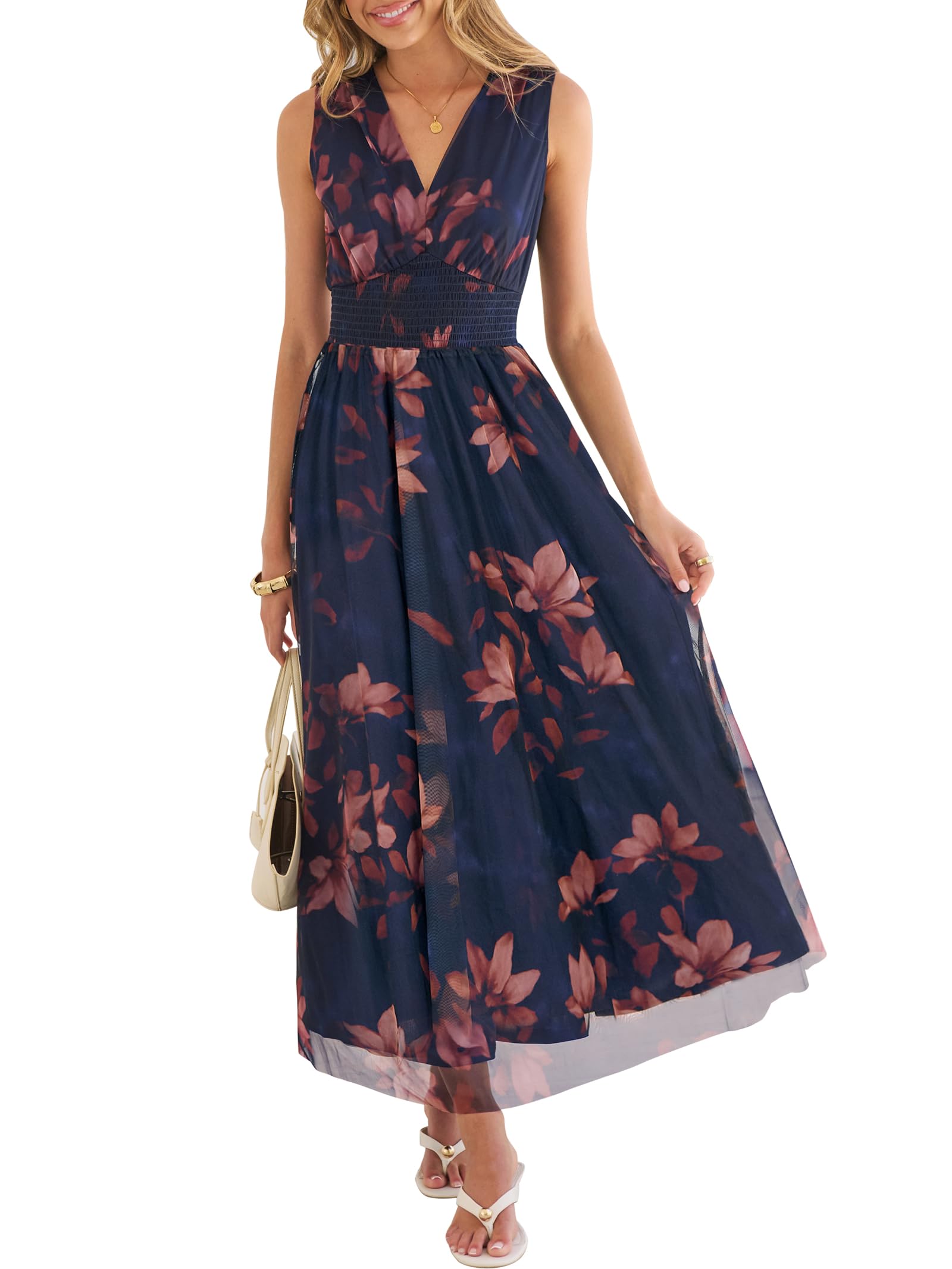 ANRABESS Womens Summer Floral Maxi Dress, A Line Tulle,Elegant for Wedding Guest & Beach Vacation,Flowy Casual Boho Outfits Brown Beige Floral Large