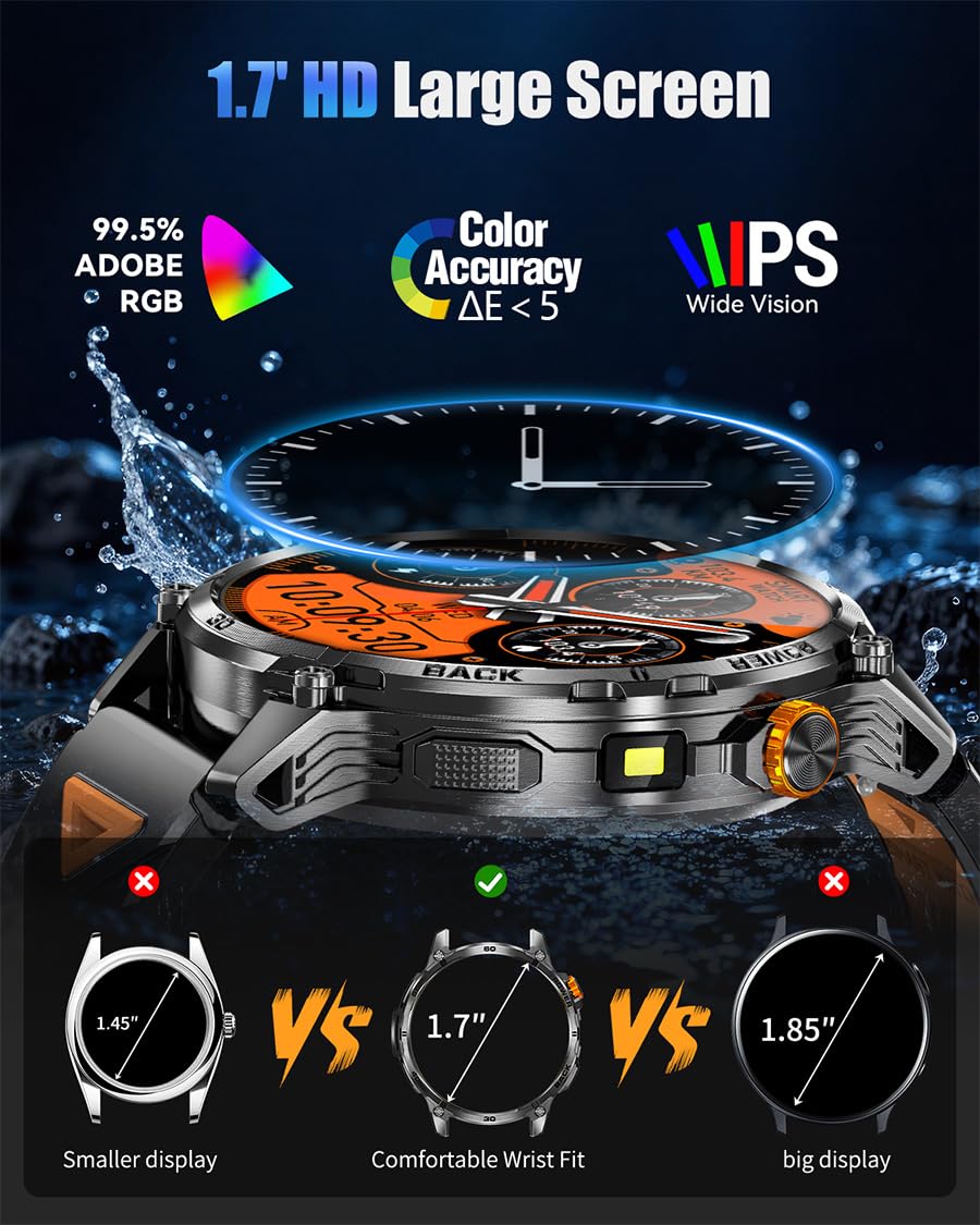 PODOEIL Military Smart Watches for Men,1000mAh/1.7" HD Large Screen Smartwatch, Led Flashlight, Answer/Make Calls,Waterproof,Heart Rate/Sleep Monitor/110+ Sport Modes Fitness Watch for Android/iPhone
