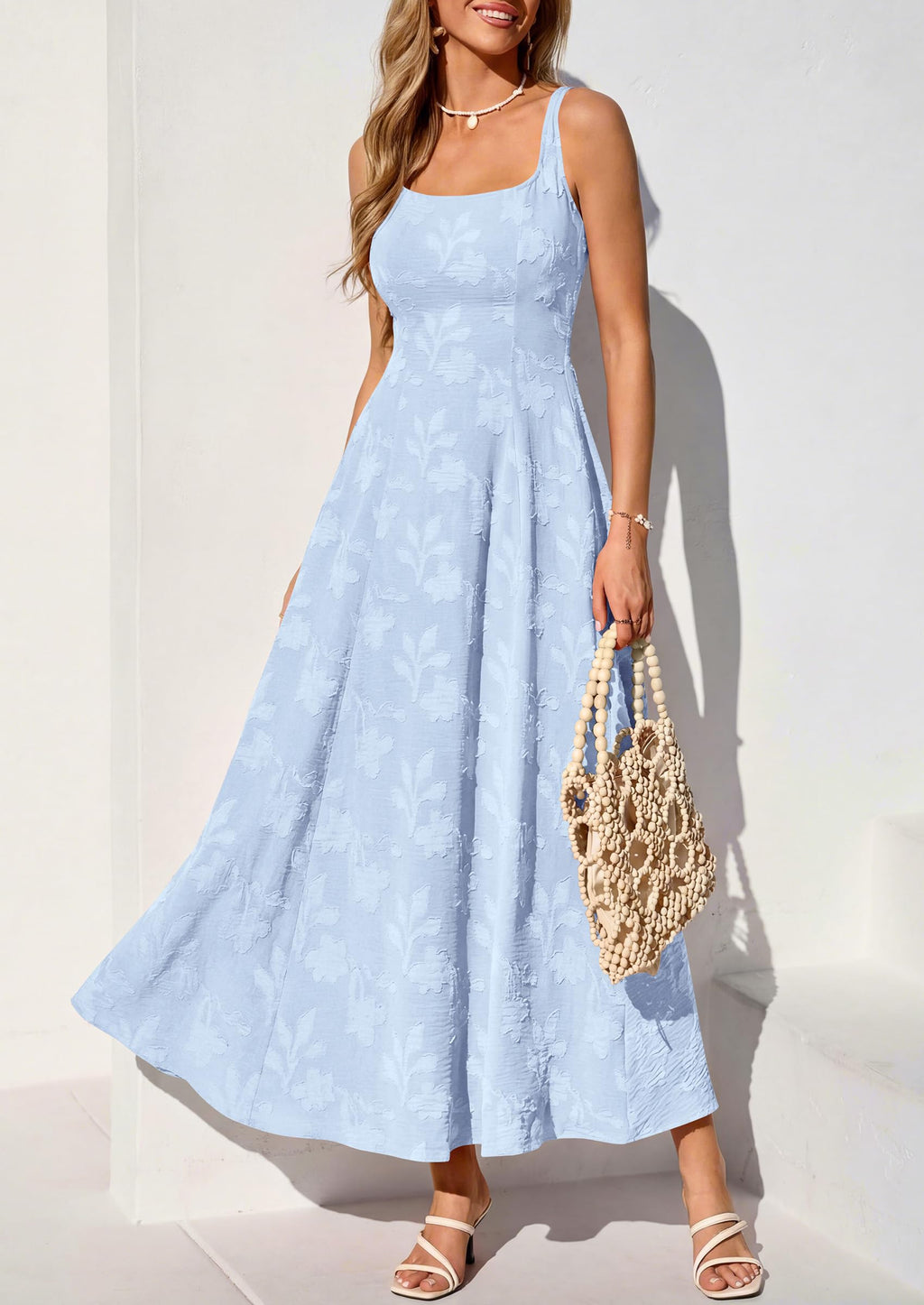 PRETTYGARDEN Womens Summer Maxi Dresses 2026 Casual Sleeveless Square Neck Formal Wedding Guest Beach Vacation Boho Dress (Light Blue,S)
