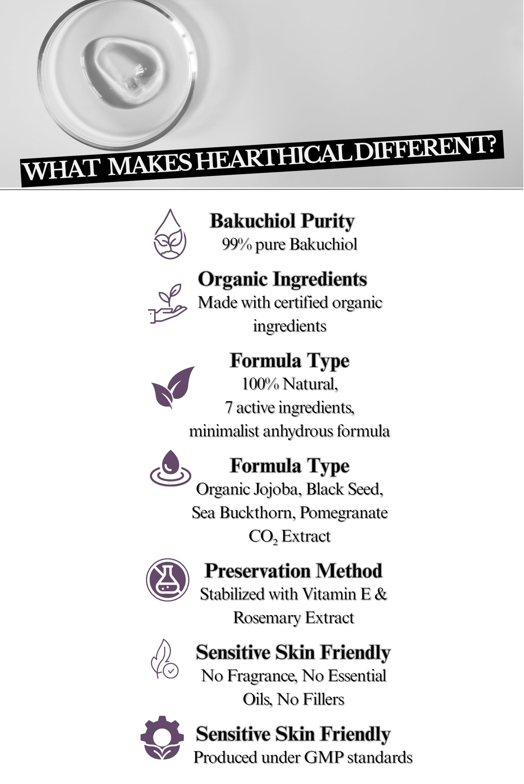 Hearthical Organic Oil-Based Bakuchiol Serum For Face | 1oz Natural Retinol Alternative for Glowing Skin | Brightening Serum For Face | 99% Pure Bakuchiol Oil with Jojoba & Sea Buckthorn | Made In USA