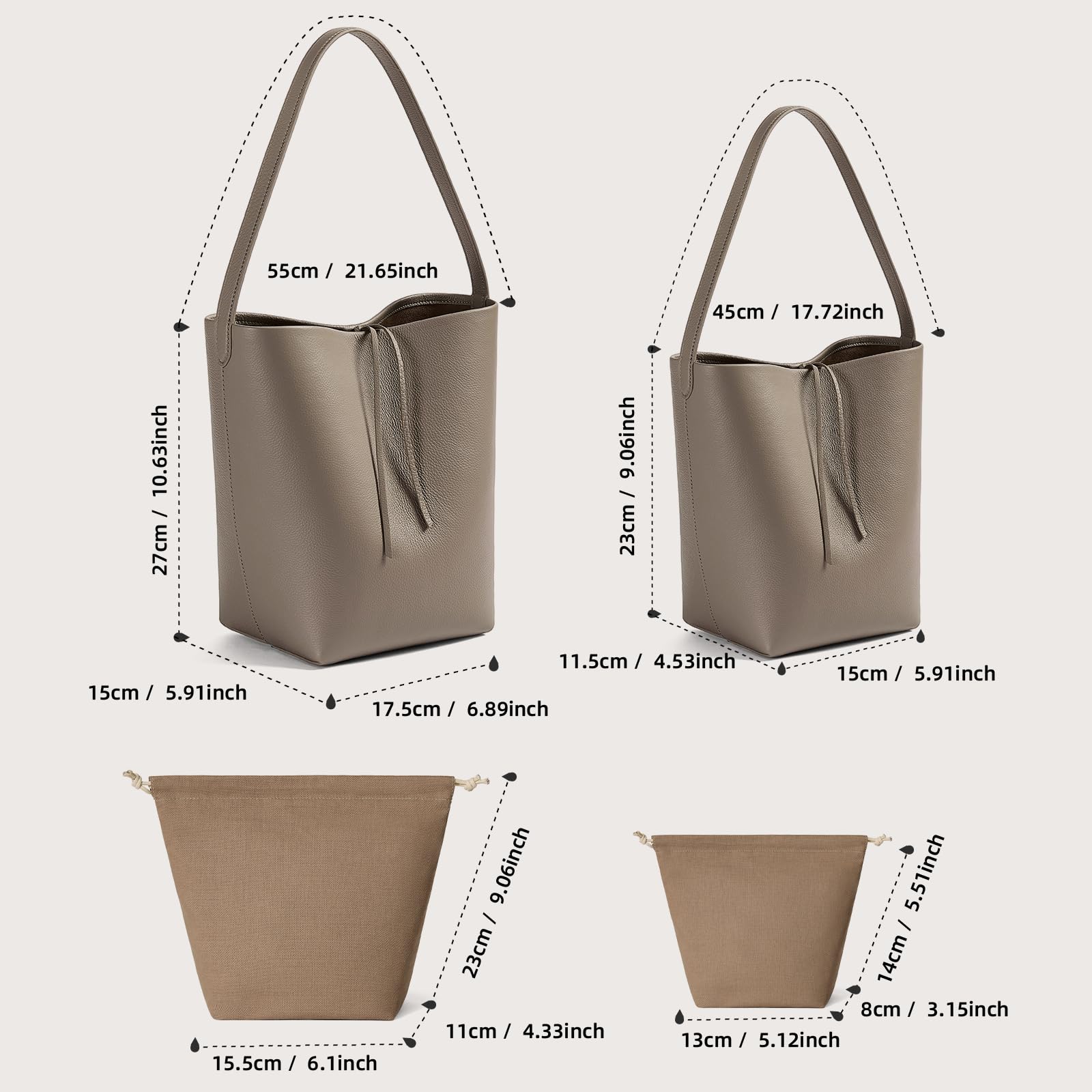 Genuine Leather Bucket Bag with Credit Card Holder Wallet, First Layer Pebble-grained Calfskin Tote Bag, Leather Handbag with Cotton Insert Pocket (Gray, Medium)
