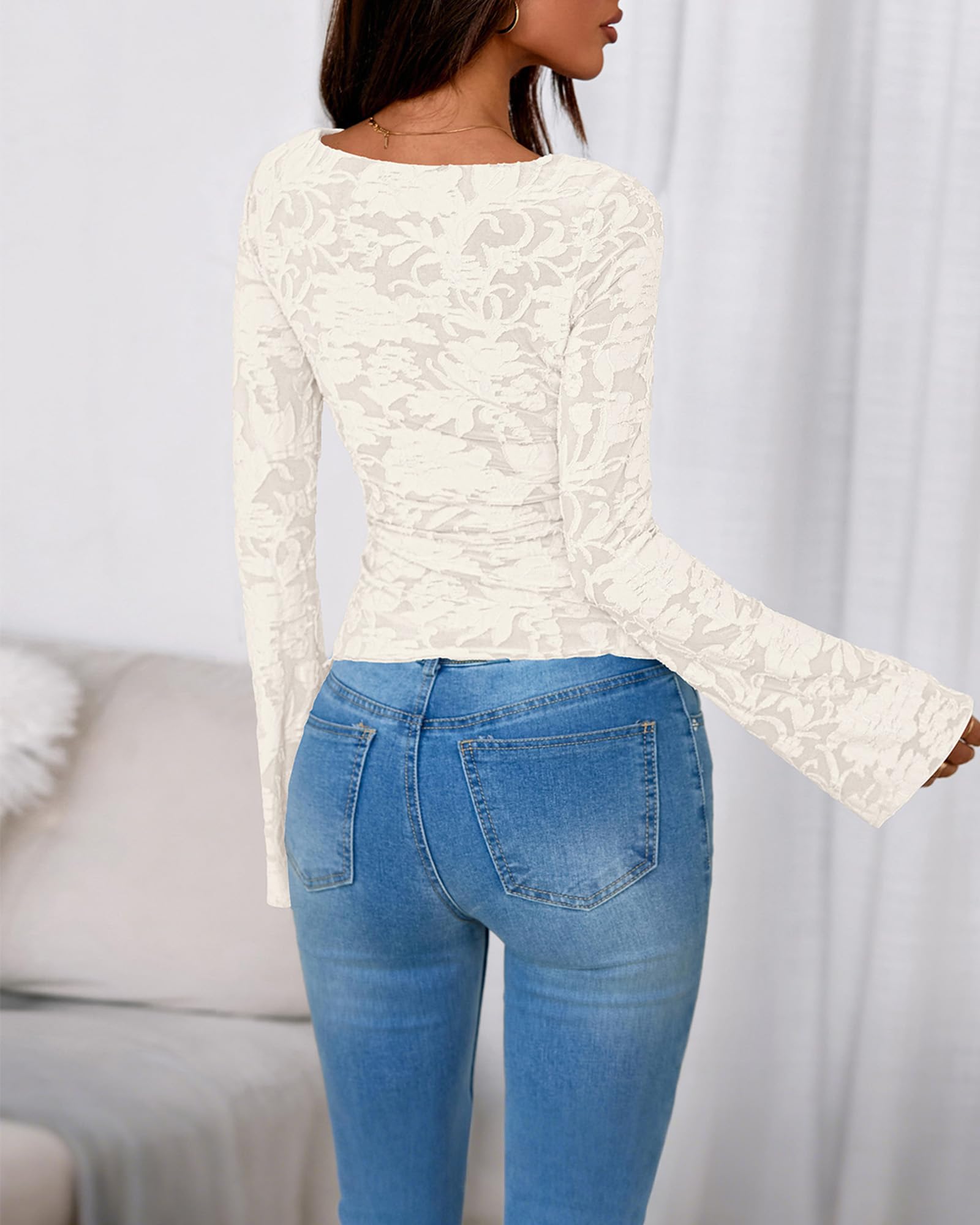 BTFBM Casual Long Sleeve Shirts Spring 2026 Going Out Tops for Women Trendy Floral Work Blouses Bodycon Tunics(Beige,Medium)