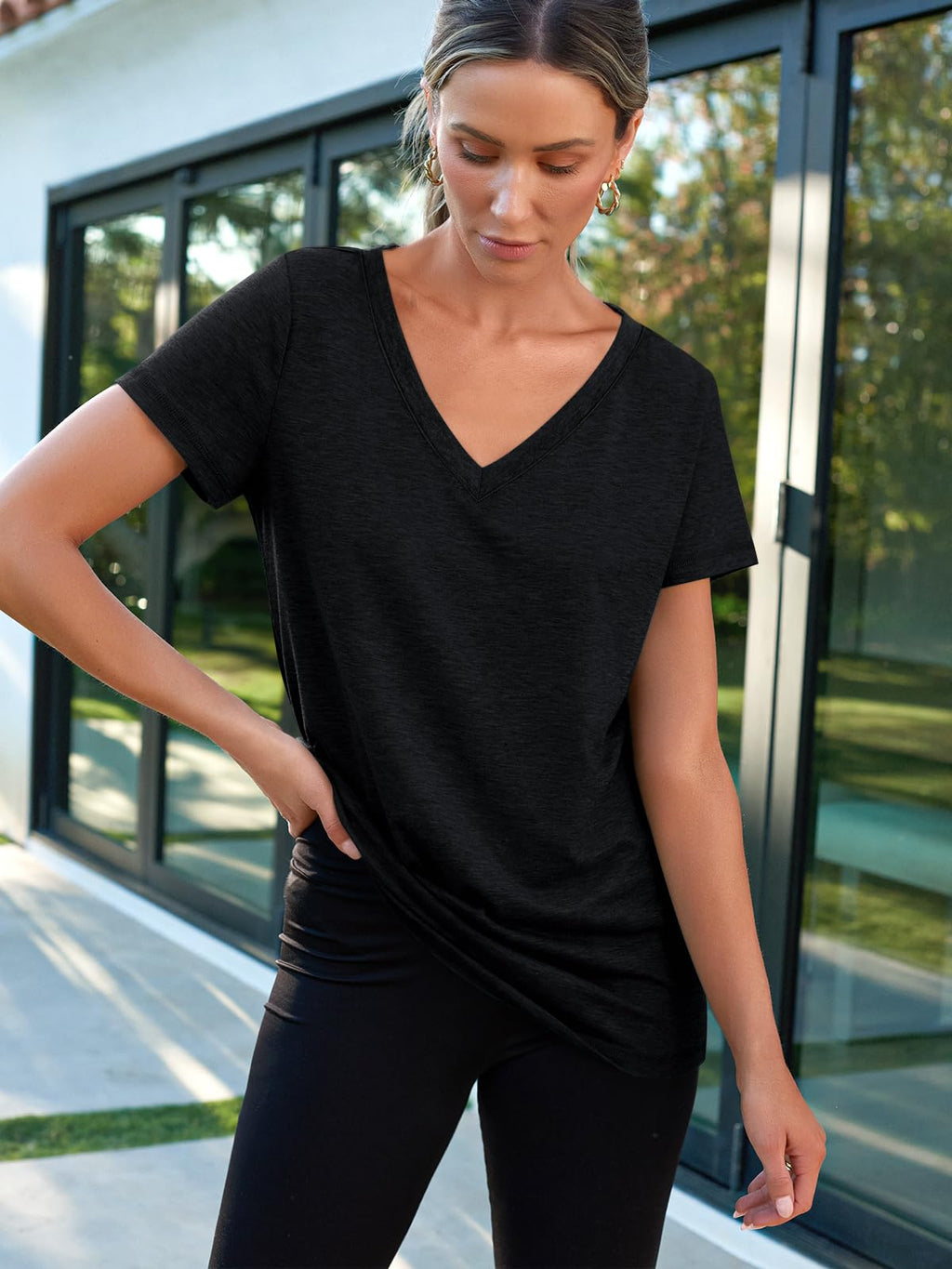 AUTOMET Womens Summer Tops School Outfits Short Sleeve Casual V Neck T Shirts Tees Tunic Fashion Trendy Comfy Clothes 2026 Black XL
