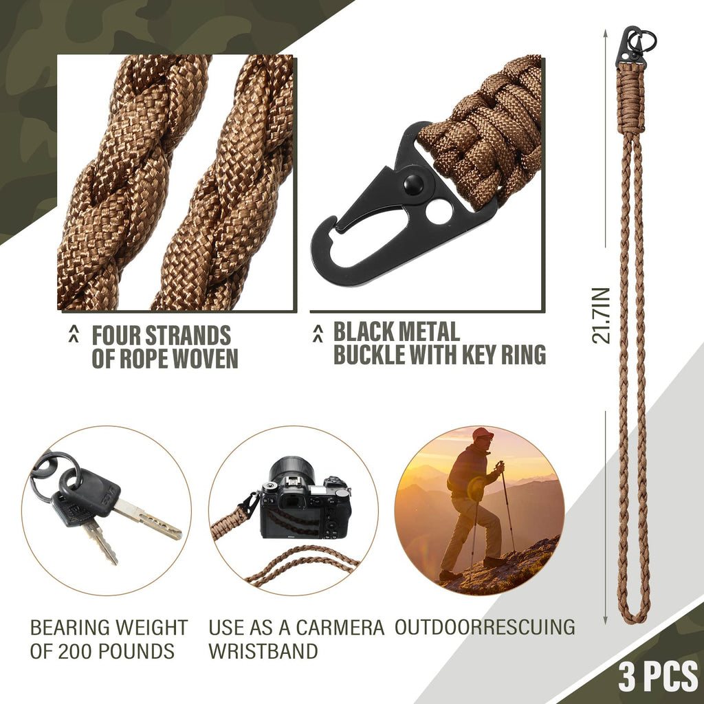 Shappy 3 Pieces Paracord Lanyard Keychains Braided Wrist Strap for Men Women Outdoor Survival Parachute Rope Lanyard Keychain with QX0263 Heavy Duty Braided Paracord Set