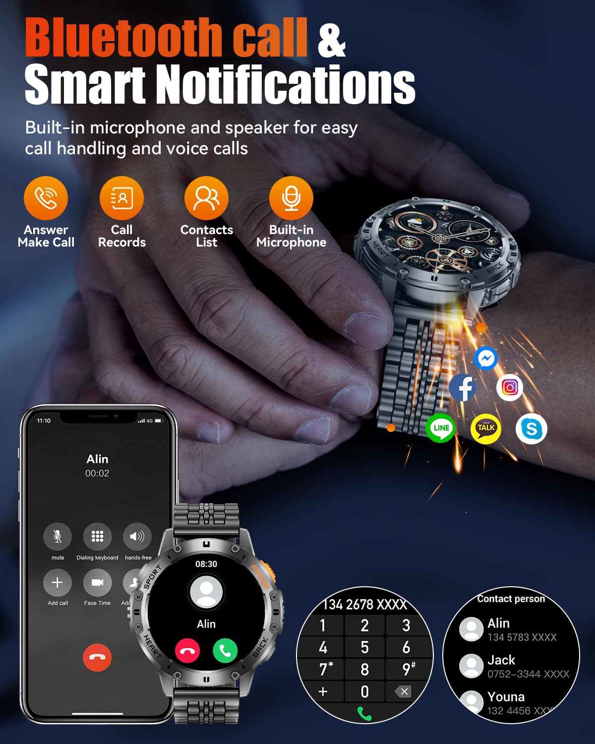 PODOEIL 1.43" AMOLED Smart Watch for Men with Flashlight, Bluetooth Calling, 110+ Sports Modes, IP68 Waterproof Fitness Tracker with 530mAh Battery, Heart Rate/SpO2/Sleep Monitor, Android & iOS