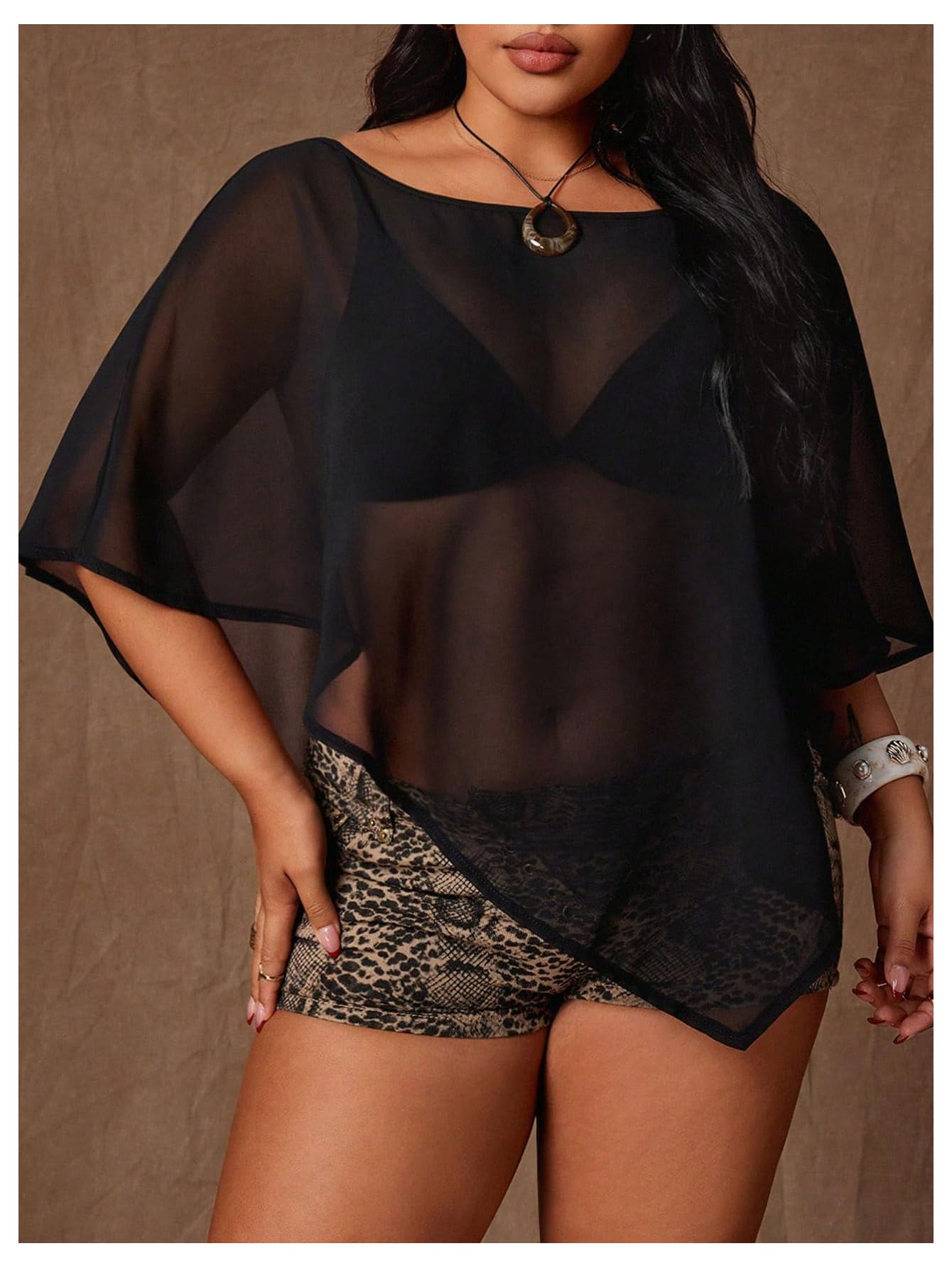 WDIRARA Women's Plus Size Mesh Sheer Poncho Tops Boat Neck See Through Asymmetrical Tee Shirts Black XX-Large Plus