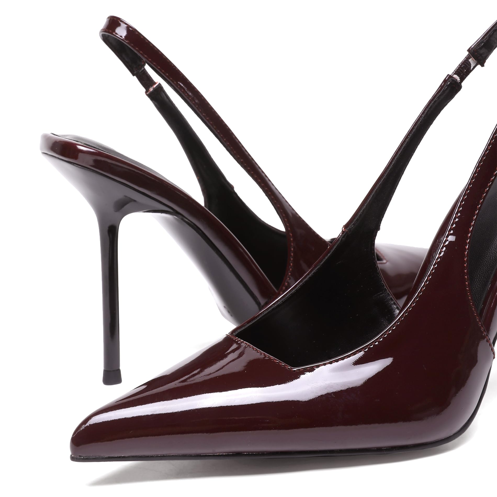 Women's Slingback Stiletto High Heels Pointed Toe Slip On Pumps Shoes Patent Leather Stretch Strap Backless Dress Heels Cherry Red