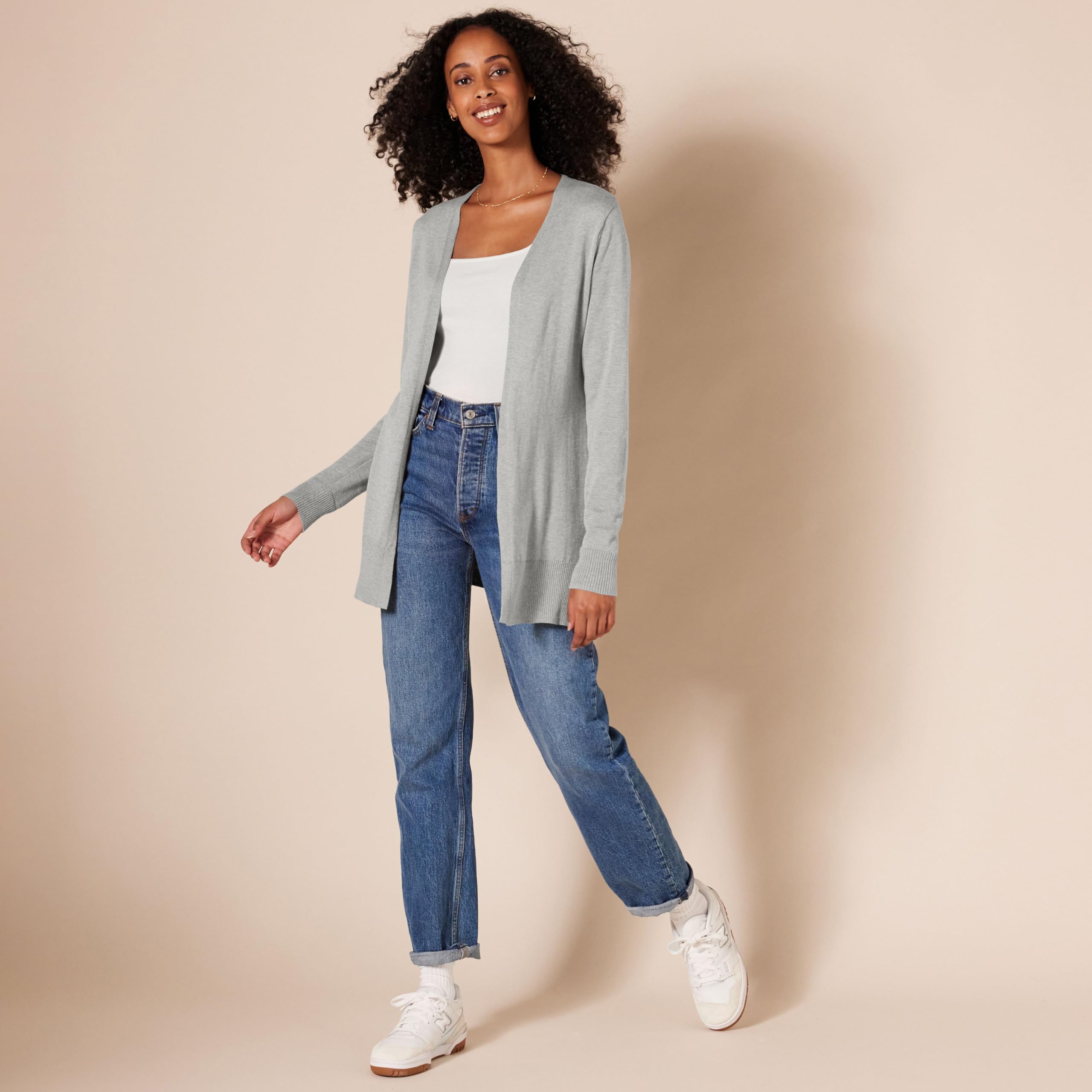 Amazon Essentials Women's Lightweight Long Sleeve Open-Front Cardigan Sweater (Available in Plus Size), Light Grey Heather, Medium
