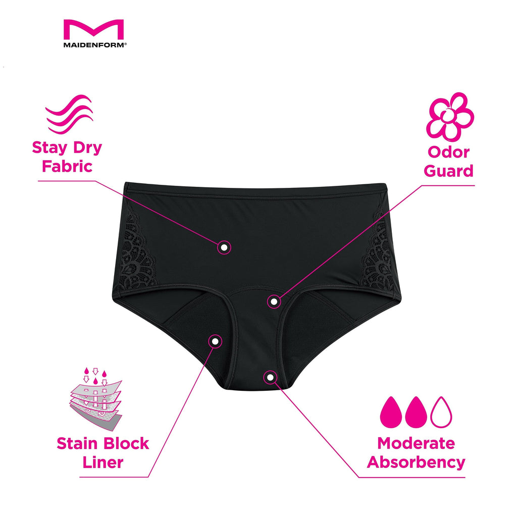 Maidenform Women's Moderate Protection Hipster Period Panties, Built-In Liner, Odor Guard, 3-Pack