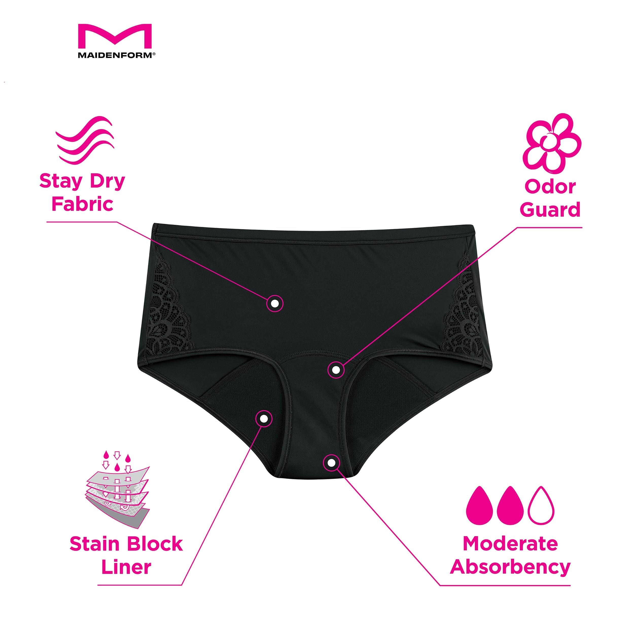 Maidenform Women's Moderate Protection Hipster Period Panties, Built-In Liner, Odor Guard, 3-Pack