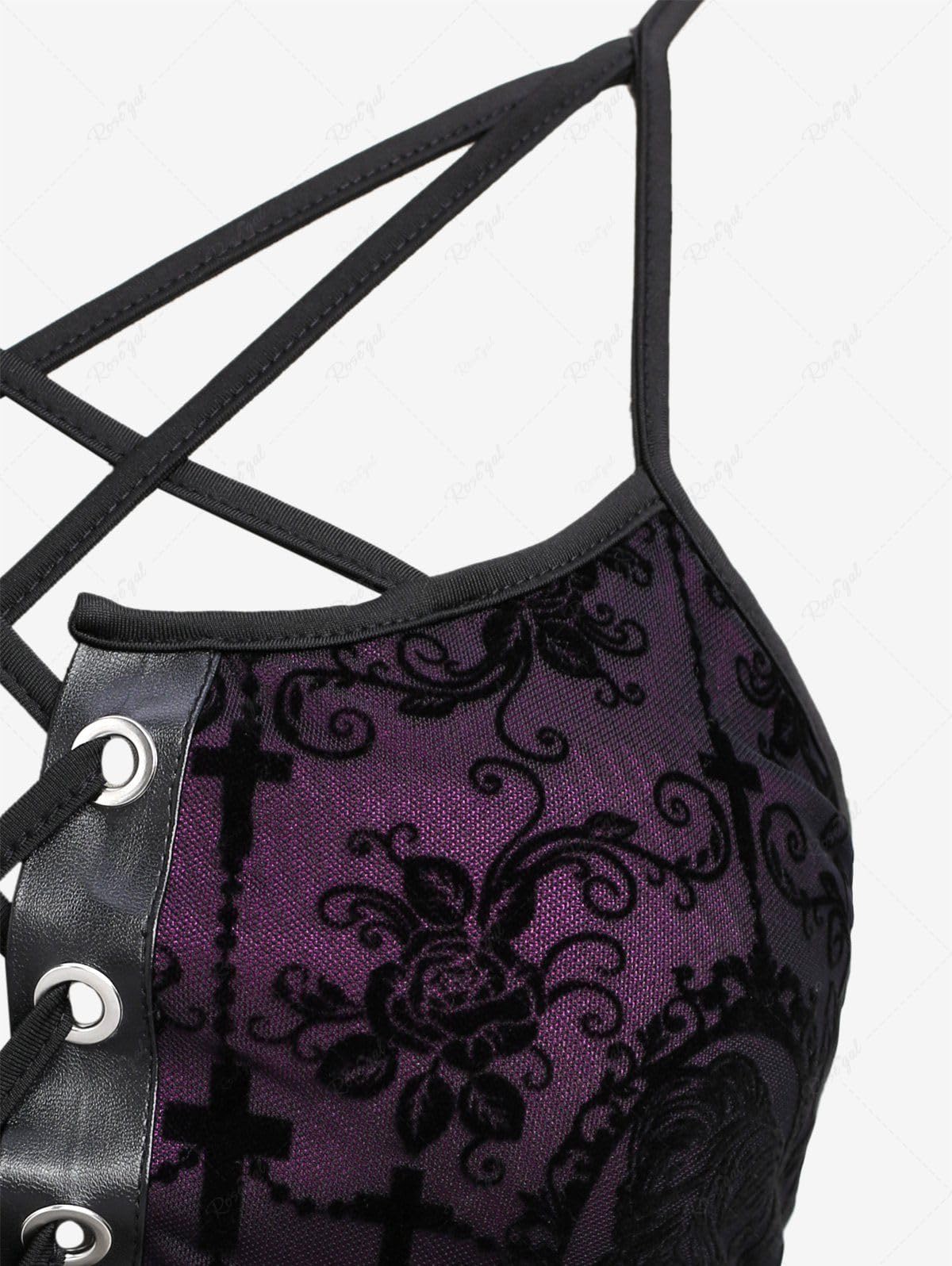 ROSE GAL Women Plus Size Gothic Lace-up Strappy Lace Overlay Midi Dress Vintage Backless Spaghetti Strap A Line Goth Dress(Black_3/1X)