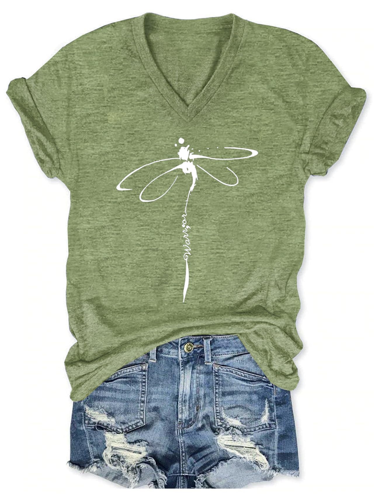 Women's T-Shirts V-Neck Dragonfly Tee Cute Summer Graphic Shirts Vintage Boho Flowers Short Sleeve T Shirt (Green, Large)