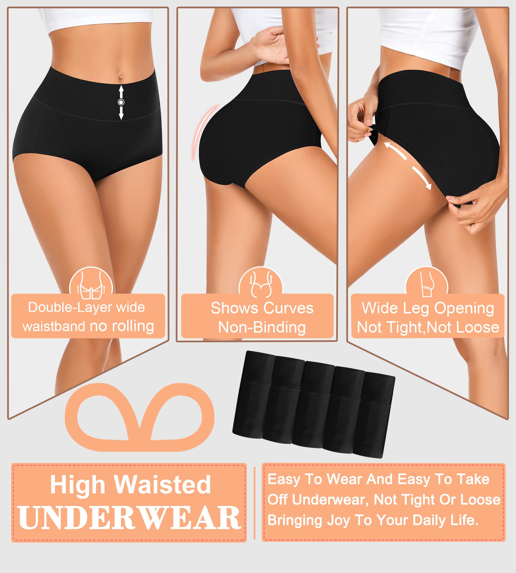 MISSWHO Cotton Underwear Women Pack, Womens Underwear High Waisted Tummy Control Black Briefs C Section Postpartum Ladies Panties Large