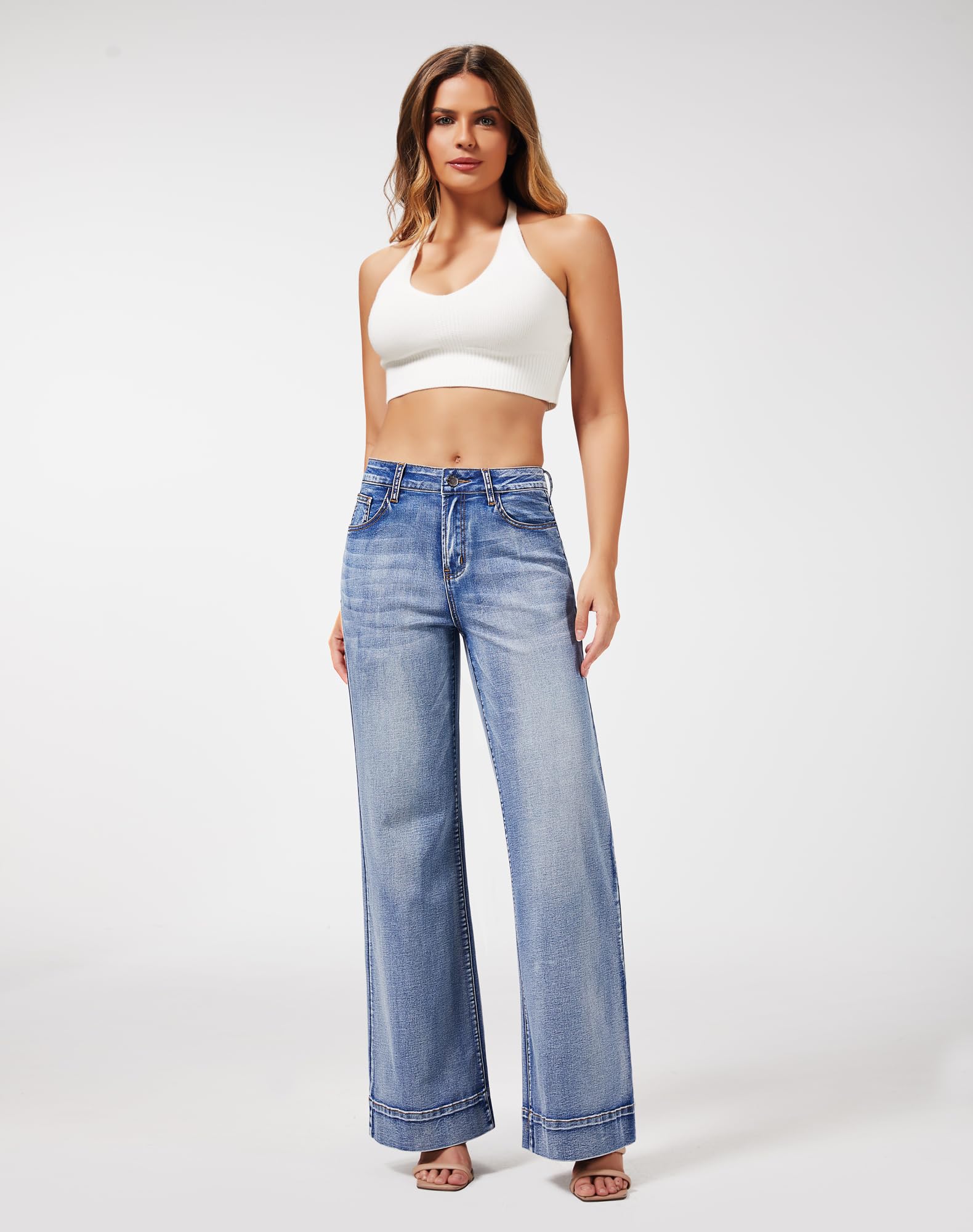 roswear Women's Wide Leg Jeans Casual High Waisted Stretchy Baggy Loose Long Trouser Jeans Light Blue Medium