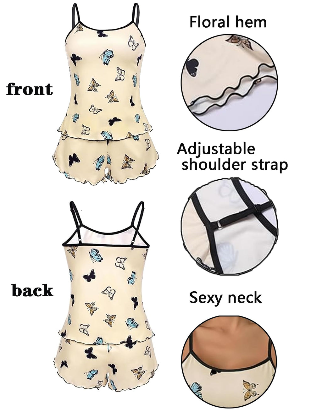 Ekouaer 2 Pack Womens Cami Pajama Sets Cute Print Tank Top Pjs and Shorts Camisole Lounge Set Black Heart&Pink Love