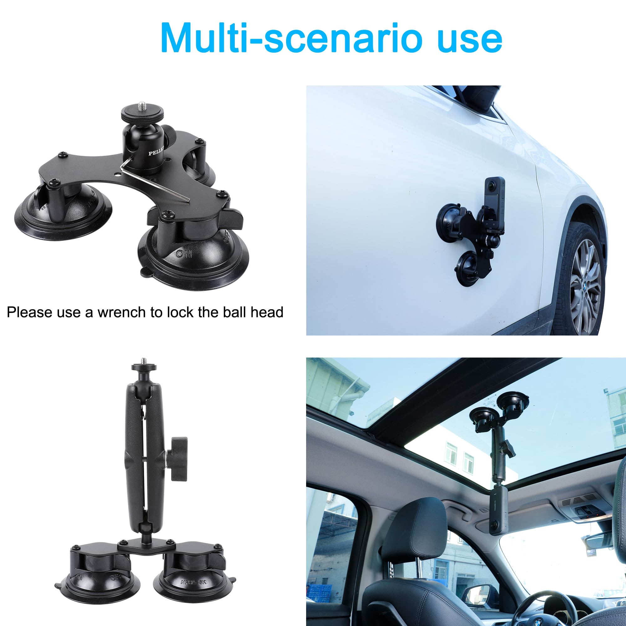 PellKing Suction Car Mount for Insta360 x5,x4, x3, x2, x,One RS,R Compatible with GoPro Max DJI OSMO 360 Camera 5 in 1 Suction Mount Kit for Action Cameras (Includes 44.9-inch Selfie Stick)
