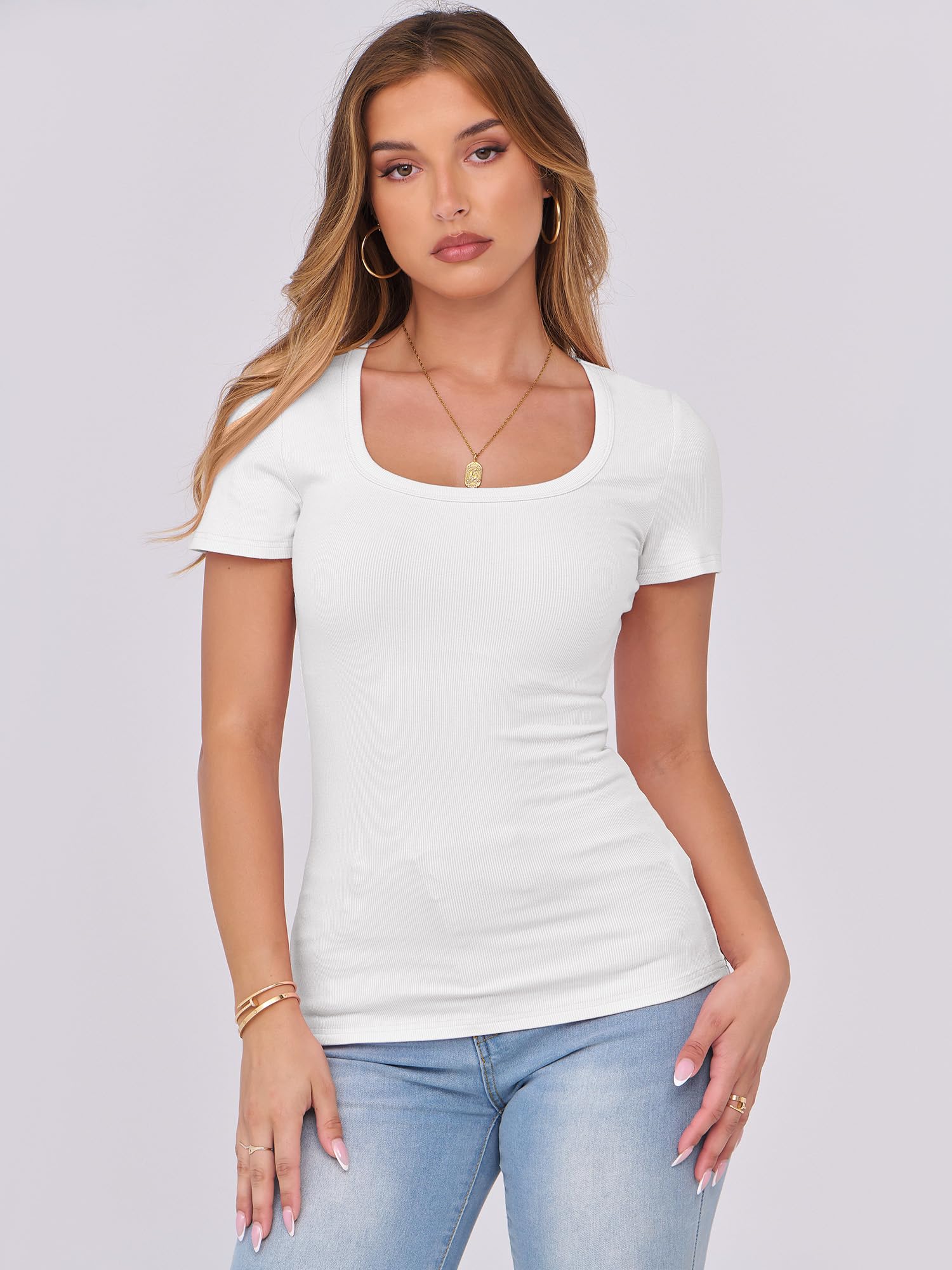 ANRABESS Women Short Sleeve Tops Scoop Neck Ribbed Knit Slim Fitted Basic Tee Shirt Casual Summer Clothes 2026 Spring Outfits White Large