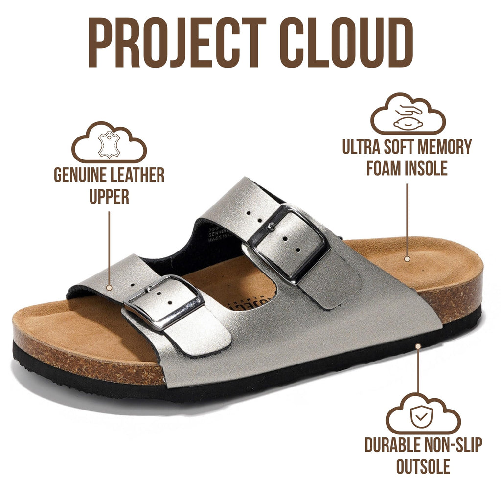 Project Cloud 100% Genuine Leather Flat Sandals For Women 2026 Cork Footbed Womens Sandals with Memory Foam and arch support Vacation Essentials Slides for Women Footwear (Venita, Pewter, 5.5)