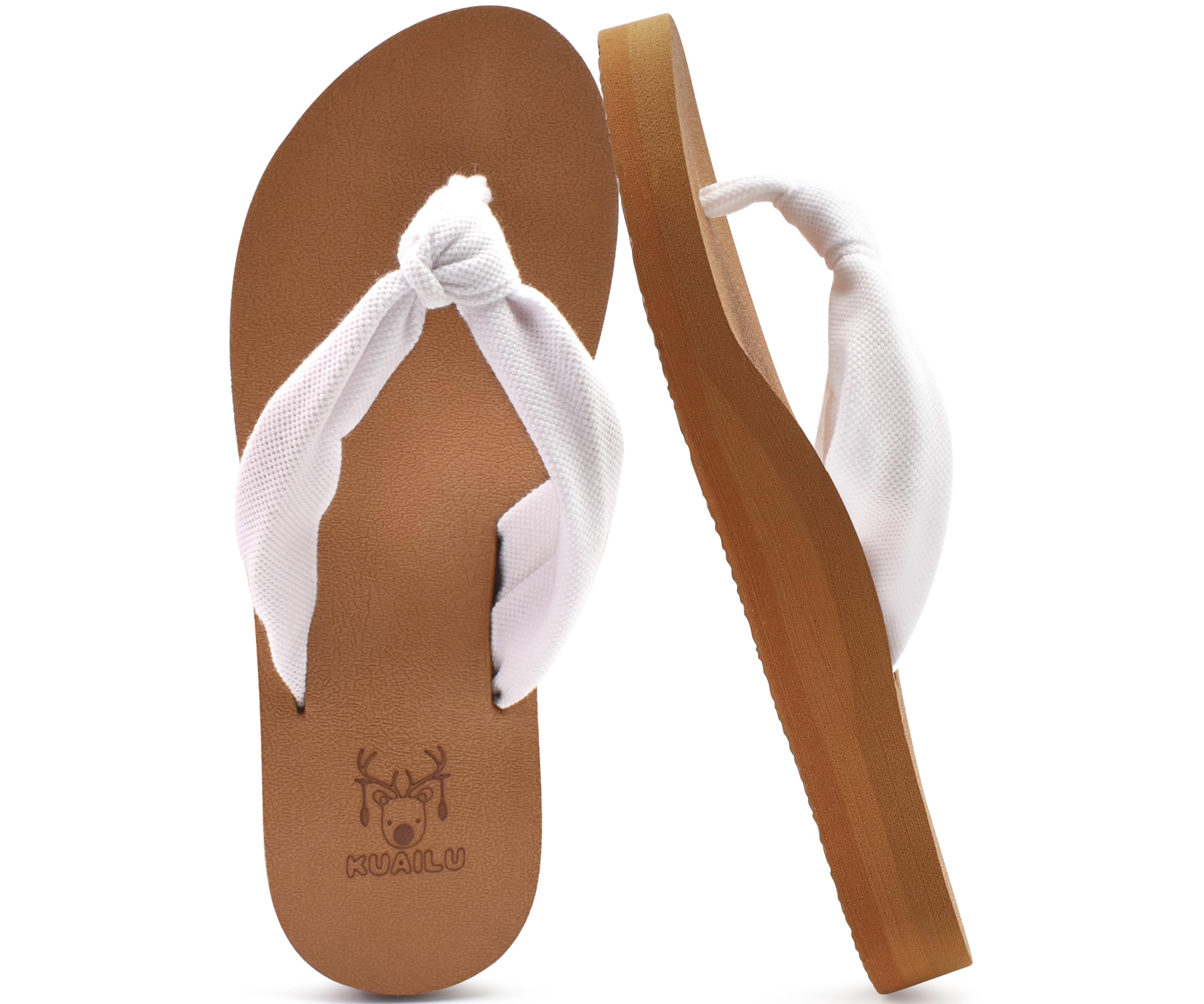 KuaiLu Flip Flops Women Arch Support Yoga Mat Comfortable Summer Beach Walking Thong Cushion Sandals Slip on Outfits Travel Essentials Orthotic Slides Indoor Outdoor Slippers Shoes White Khaki Size 9