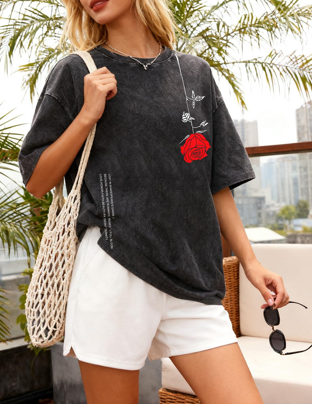 UOUA Mens Graphic Tees Vintage Oversized T-Shirts Casual Acid Wash Cotton Streetwear (S-2XL) Rose-Black