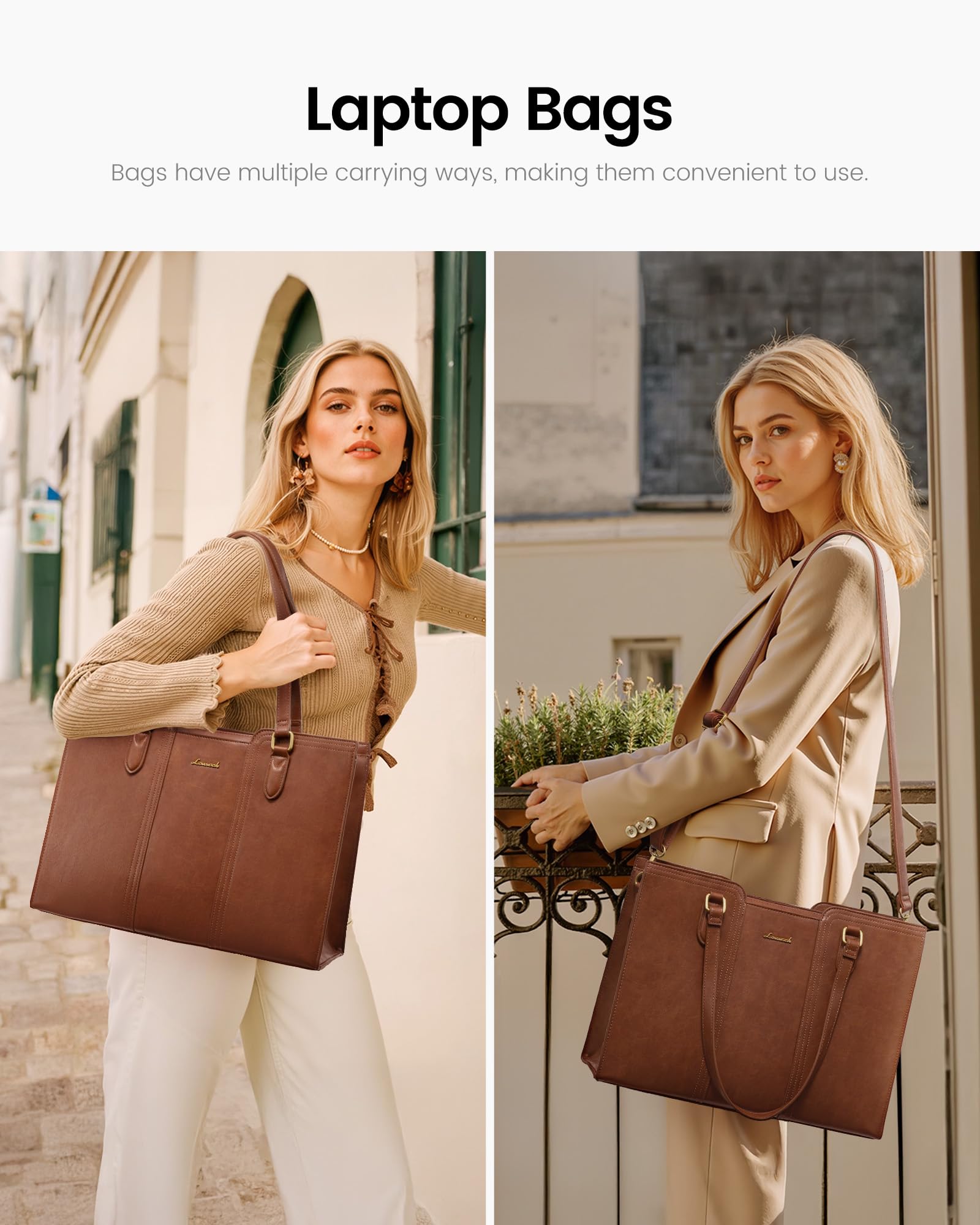 LOVEVOOK 15.6 inch Laptop Bag for Women - Waterproof Work Bag for Women & Vintage Laptop tote Bag with Wristlet, Brown