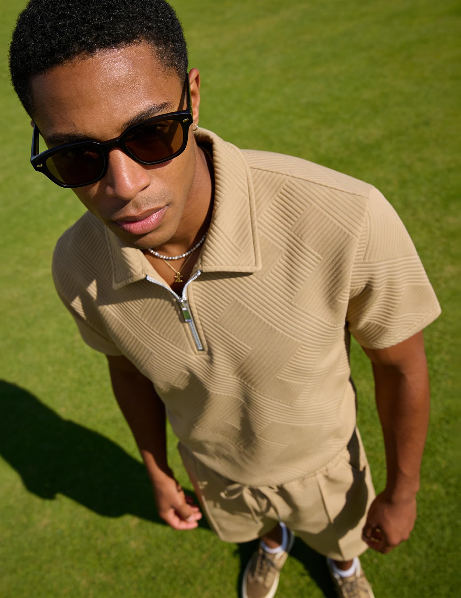 UOUA Mens Short Sets 2 Piece Summer Casual Outfits Polo Short Sleeve Shirts & Shorts Track Suit Jogging Sweatsuit Loungewear Khaki XL