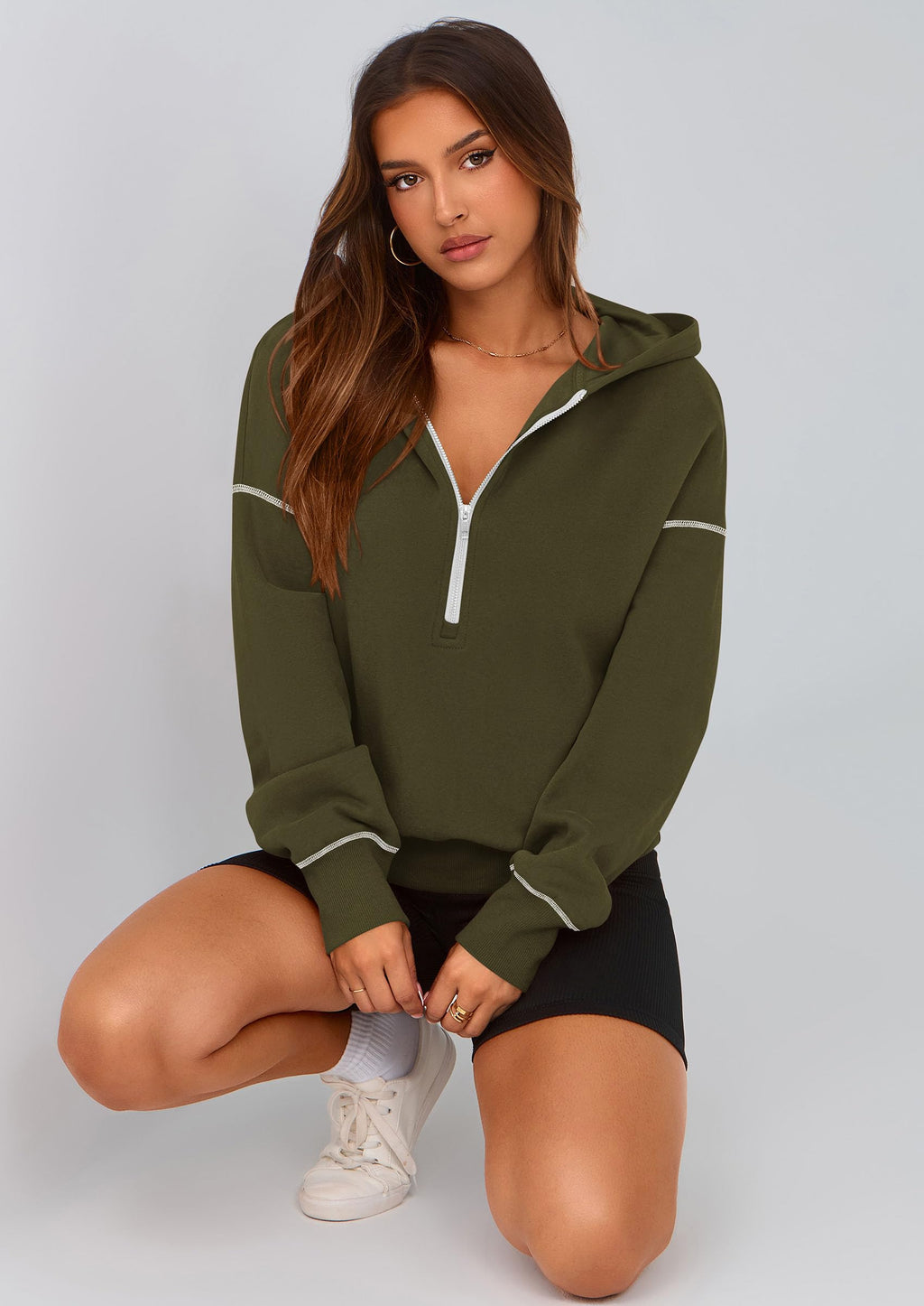 PRETTYGARDEN Women's 2026 Fall Hooded Sweatshirts Long Sleeve Half Zip Cropped Hoodies Pullover Winter Fashion Clothes (Army Green,Small)