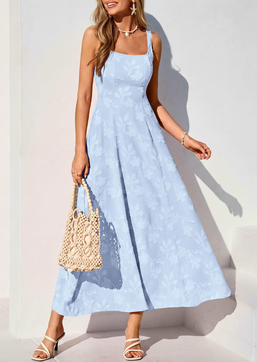 PRETTYGARDEN Womens Summer Maxi Dresses 2026 Casual Sleeveless Square Neck Formal Wedding Guest Beach Vacation Boho Dress (Light Blue,S)