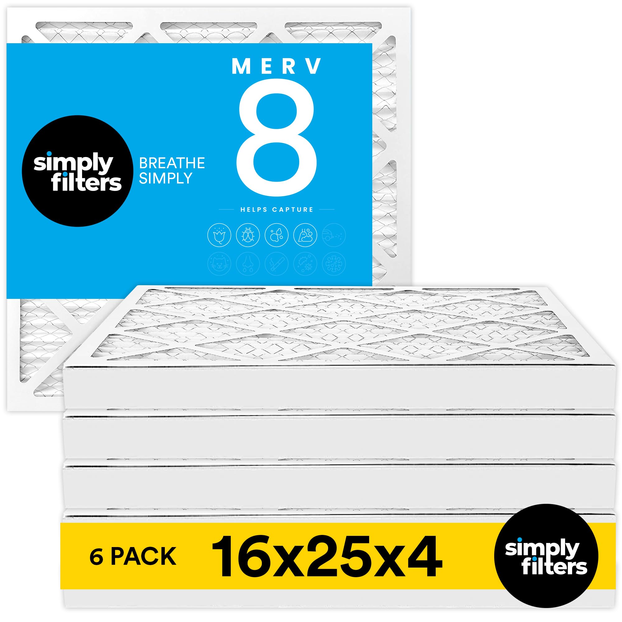 Simply 16x25x4 Air Filter MERV 8, 6 Pack, For Home AC Furnace & HVAC (Actual Size: 15.5"x24.5"x3.63") DUST Pet & Allergy Control,
