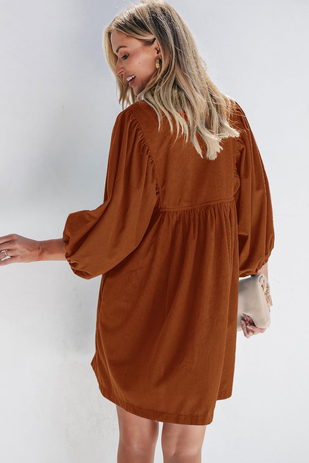 Opemiby Womens Casual Dresses Corduroy Button Up Empire Waist 3/4 Sleeve Fall Winter Mini Babydoll Dress Gold Flame L