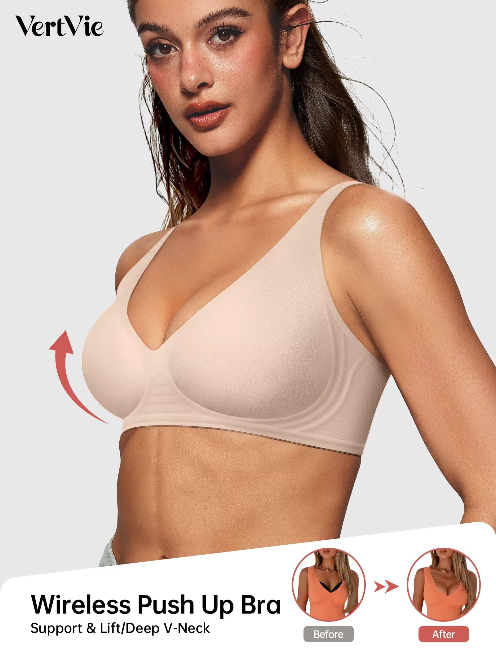 Vertvie Jelly Wireless Bras for Women Push Up Plunge Seamless T-Shirt Bras No Underwire Supportive Full Coverage Bralettes(Nude,Large)
