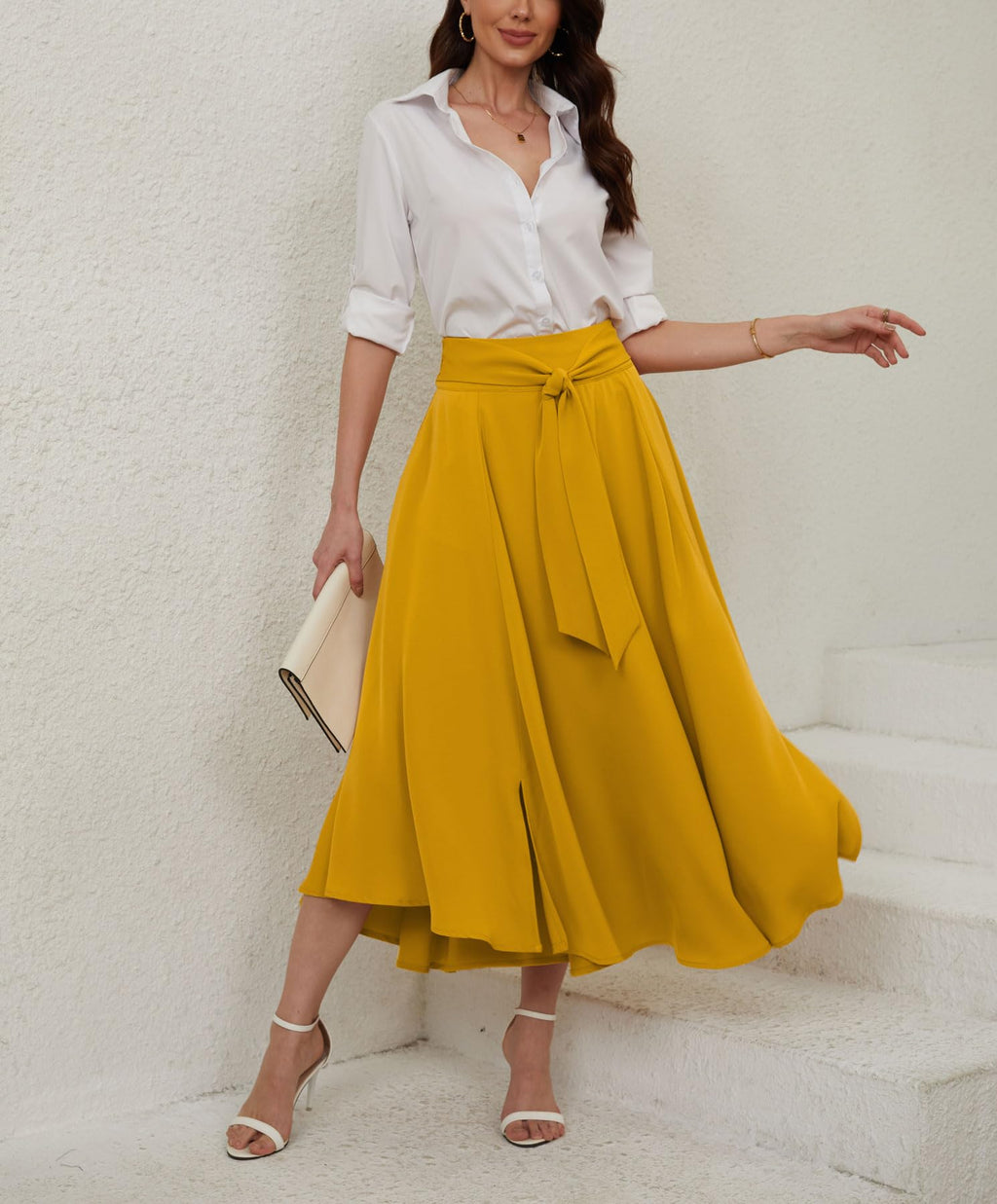 chouyatou Women's Elegant High Waisted Side Slit Irregular Bohemian Maxi Skirt with Pockets (Medium, Yellow)
