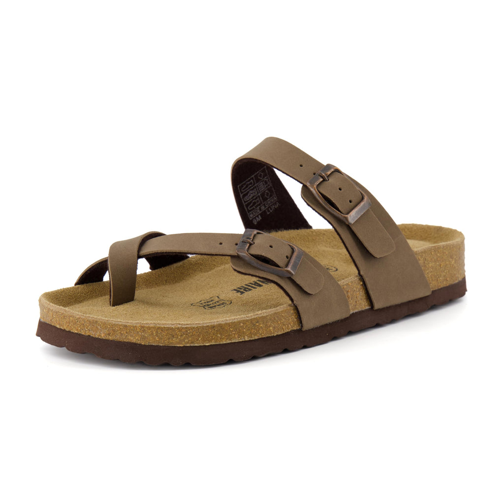 CUSHIONAIRE Luna Sandals for Women, Cork Footbed Womens Sandals for Summer Comfort with Adjustable Straps, Wide Width Available, BROWN 7.5
