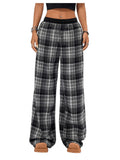 WDIRARA Girl's Plaid Elastic Waist Pants Wide Leg Long Baggy Pants with Pockets Dark Grey 9Y