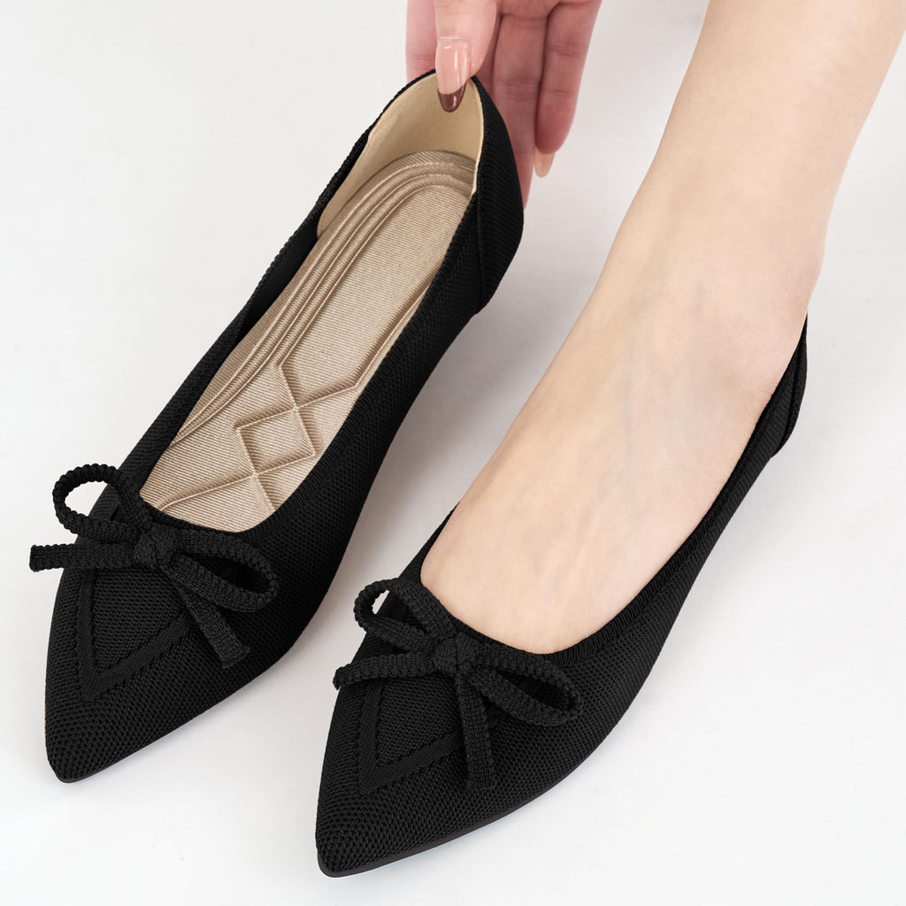 Ablanczoom Ballet Flats Shoes for Women: Dressy Pointed Toe Bow Knit Flats Comfortable Slip On Work Business Casual Shoes Black
