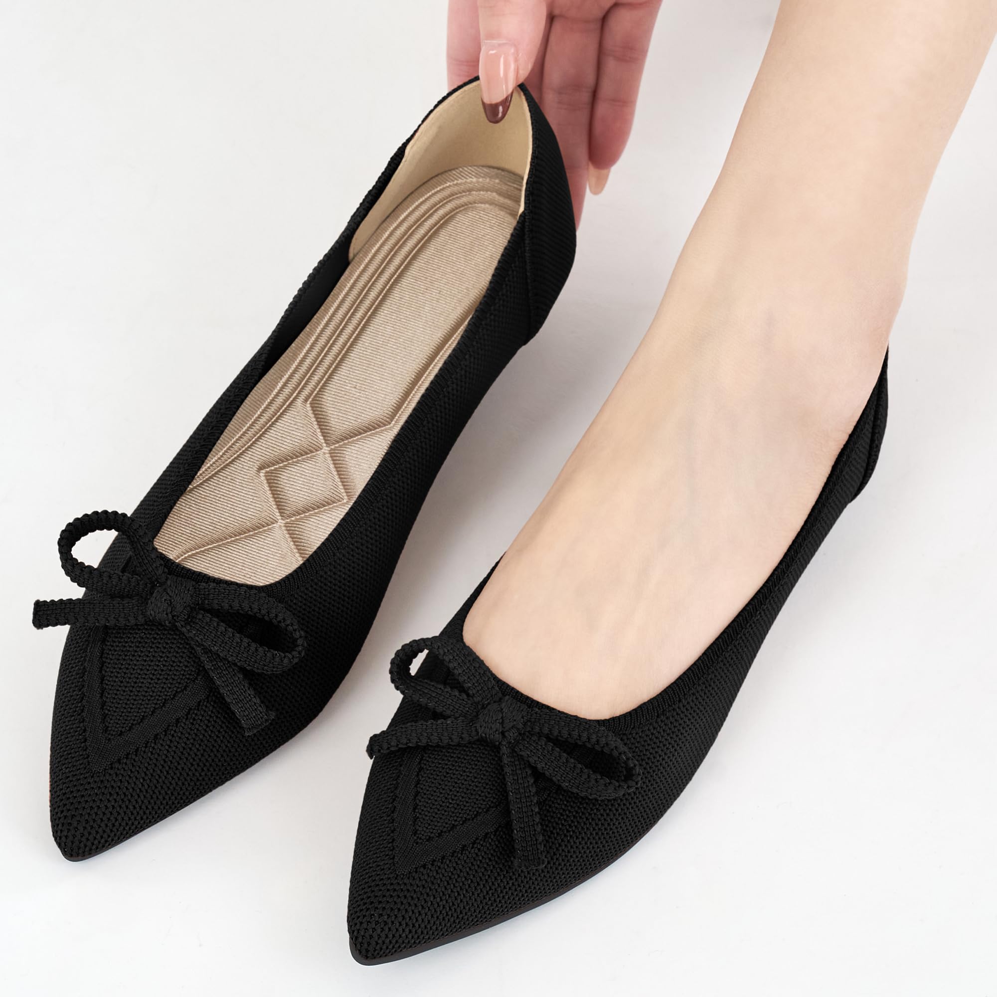 Ablanczoom Ballet Flats Shoes for Women: Dressy Pointed Toe Bow Knit Flats Comfortable Slip On Work Business Casual Shoes Black