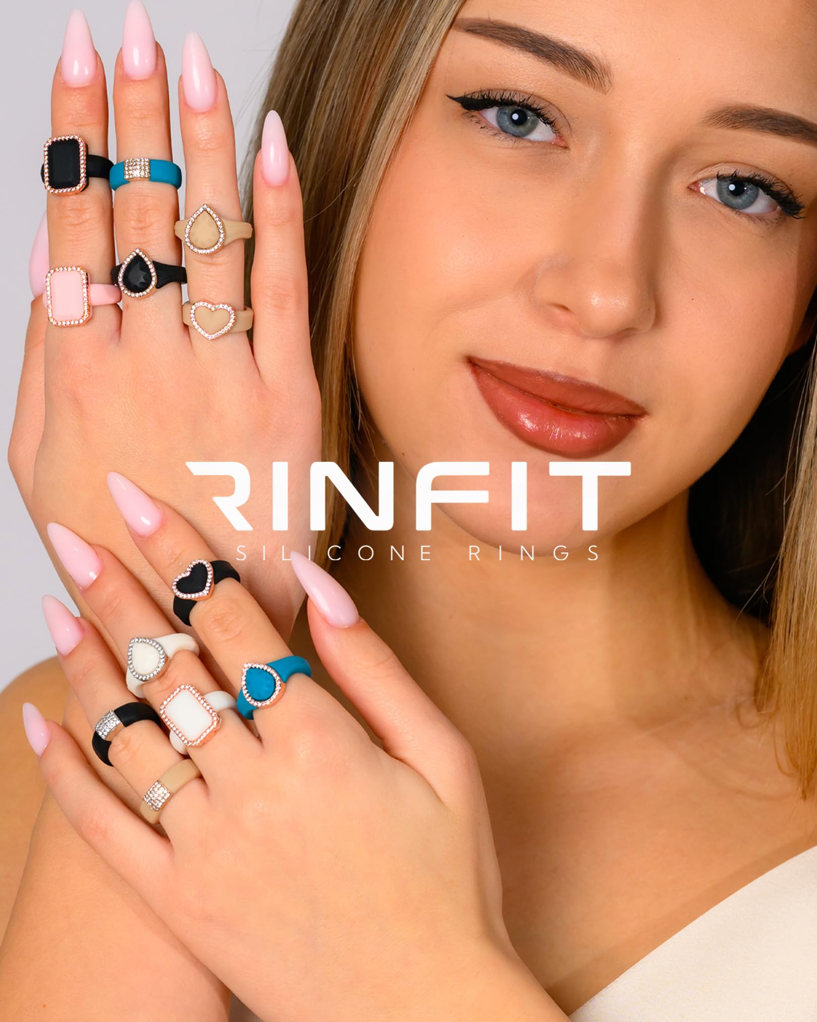 Rinfit Womens Silicone Wedding Ring - Engagement Ring for Women - Promise Rings for Her with Cubic Zirconia - Black & Silver, Size 7