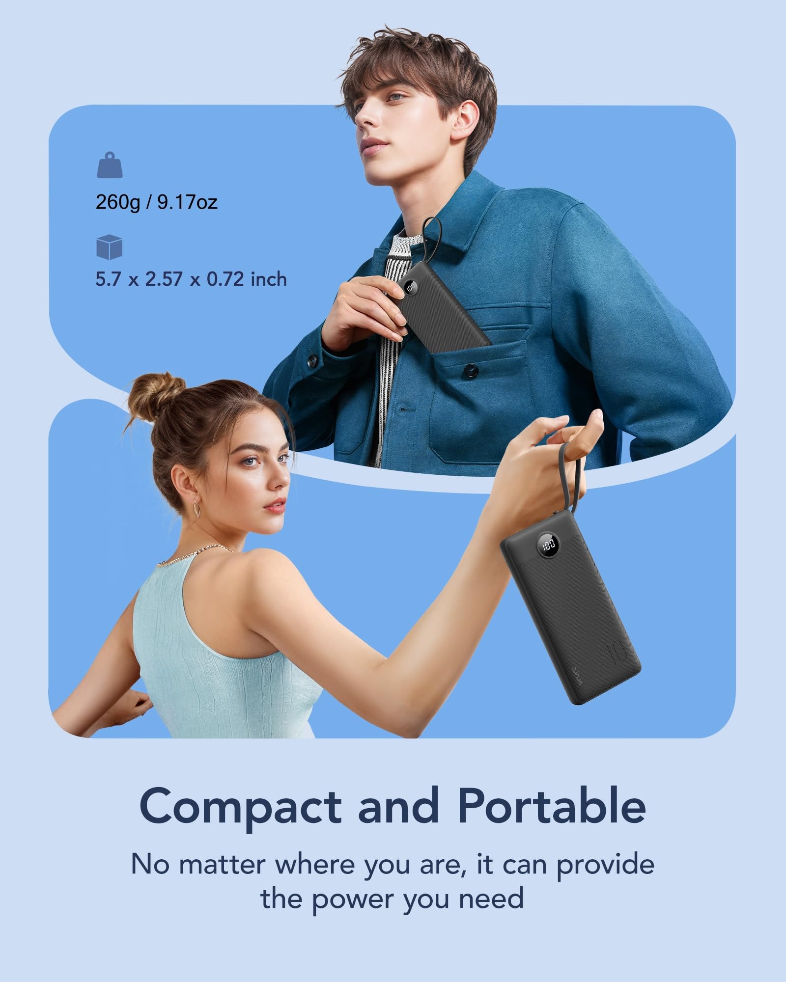 VRURC Portable Charger, Built-in 4 Cables Slim Power Bank 10000mAh, USB C Charging Bank with LED Display, Compact Travel Battery Pack for iPhone 17 16 15 14 13, Samsung, Android-Black(1 Pack)