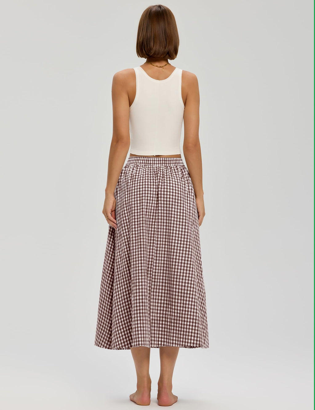 LOMON Midi Skirts for Women A-Line Cotton Flowy Summer Skirt with Pockets Elastic High Waist Boho Beach Vacation Casual Maxi Skirt (Coffee Plaid, M)