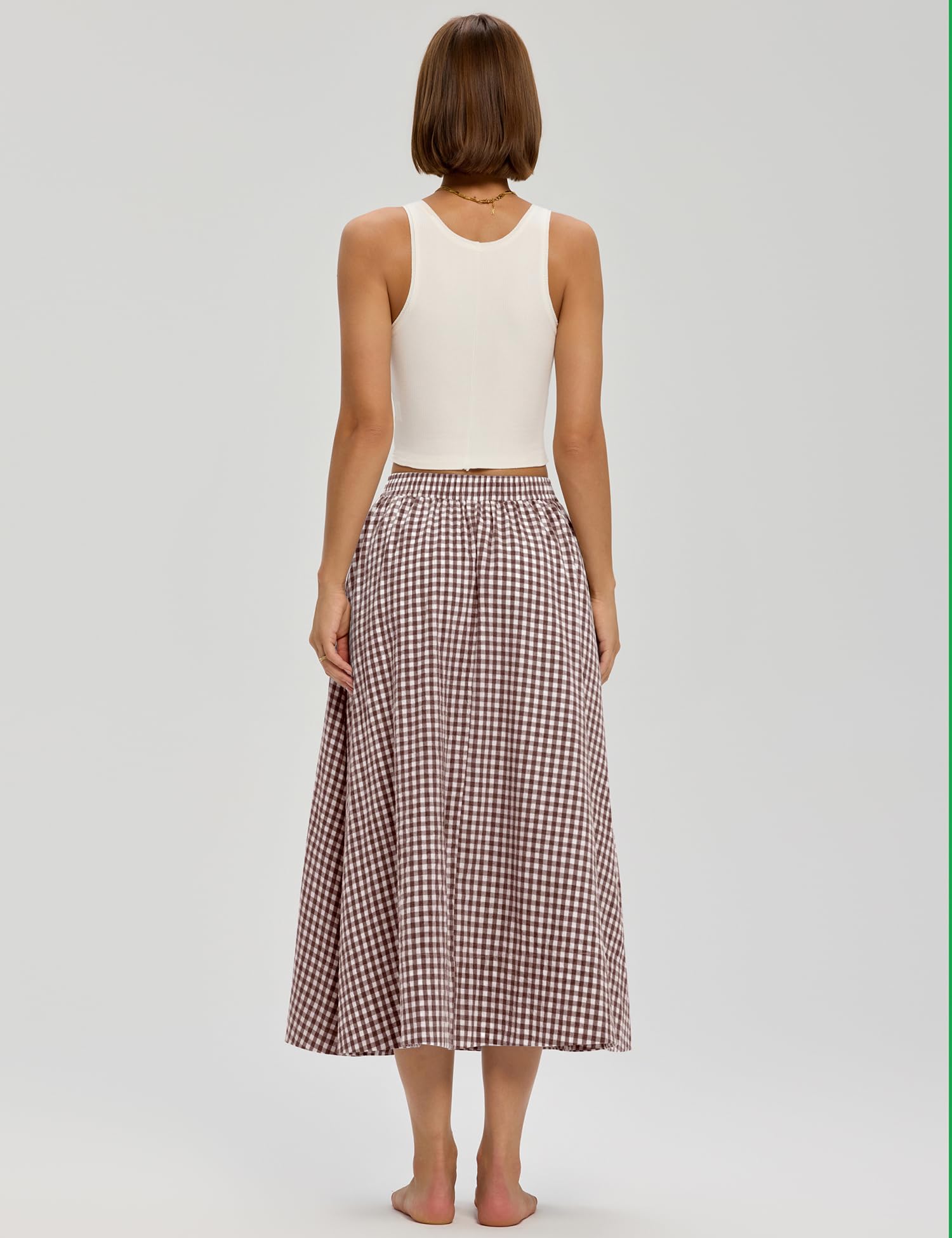LOMON Midi Skirts for Women A-Line Cotton Flowy Summer Skirt with Pockets Elastic High Waist Boho Beach Vacation Casual Maxi Skirt (Coffee Plaid, M)