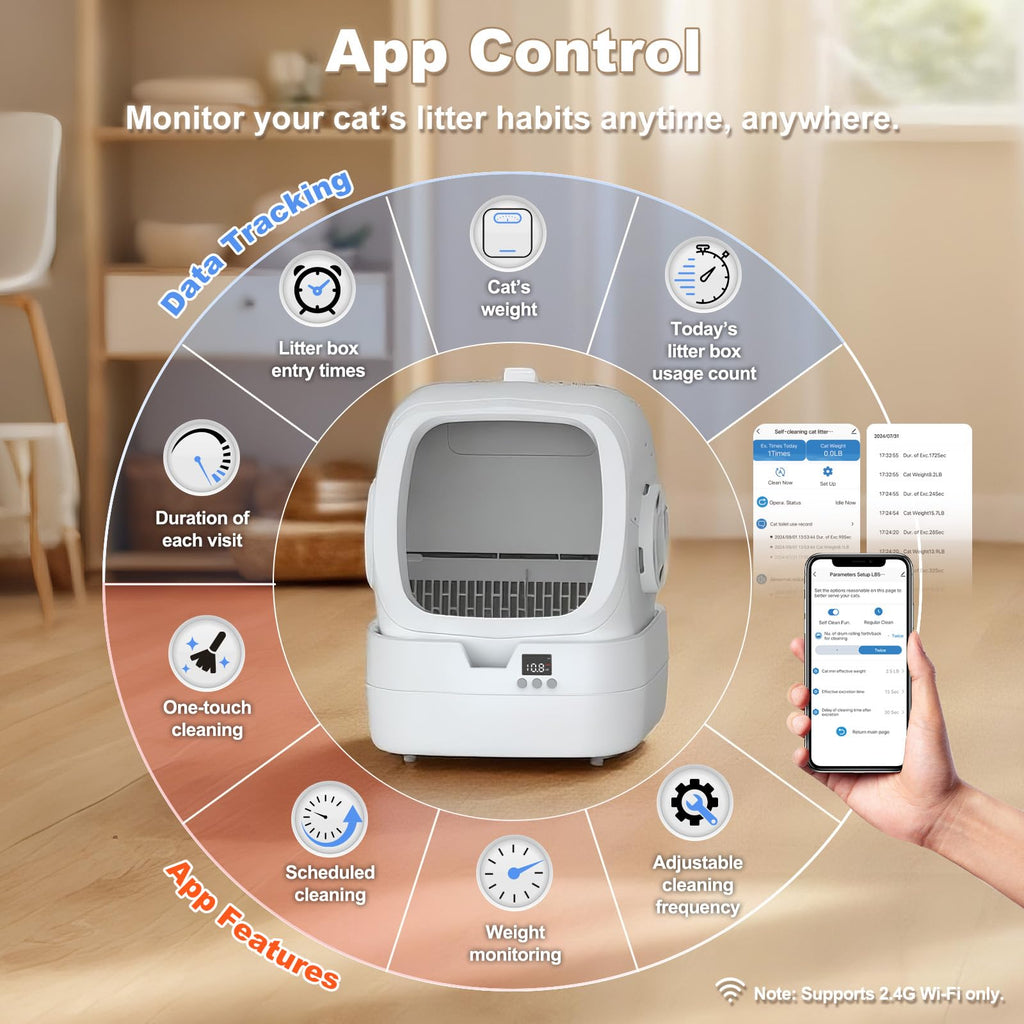 Mintakawa Automatic Cat Litter Box Self Cleaning - APP Control and Weight Monitoring - Ultra-Quiet, Suitable for Medium Cats and Kittens, Safe Anti-Pinch Litter Box (Assembly Required) -White