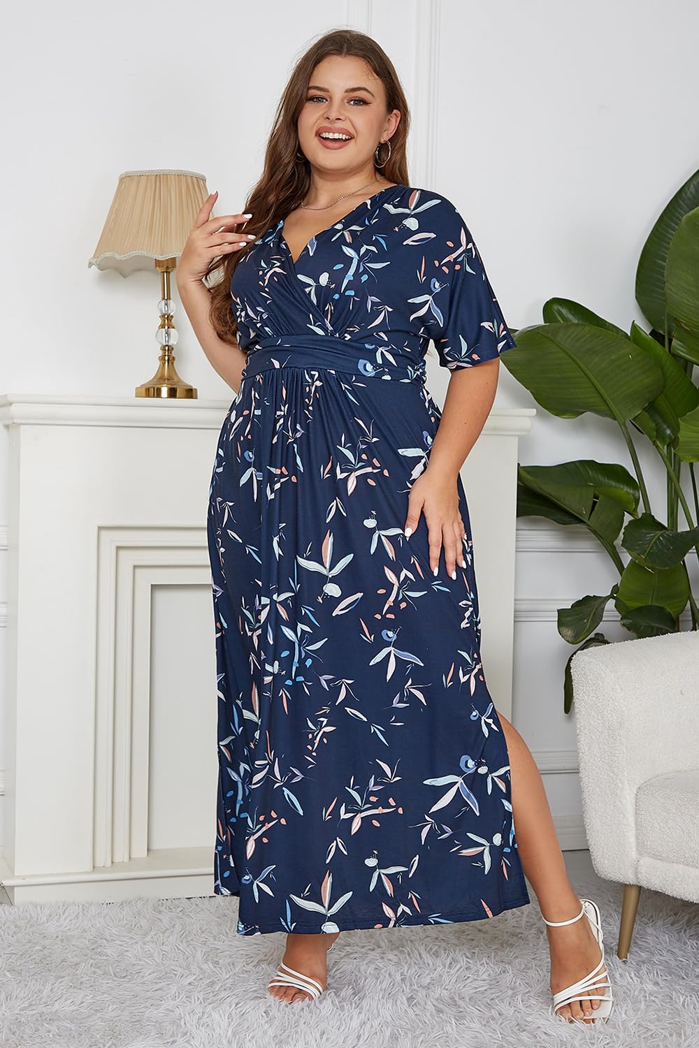 Keluummi Plus Size Maxi Dress for Women Floral Empire Waist V-Neck 3/4 Sleeve with Pockets(18 Plus, 02 - Navy Blue Floral)