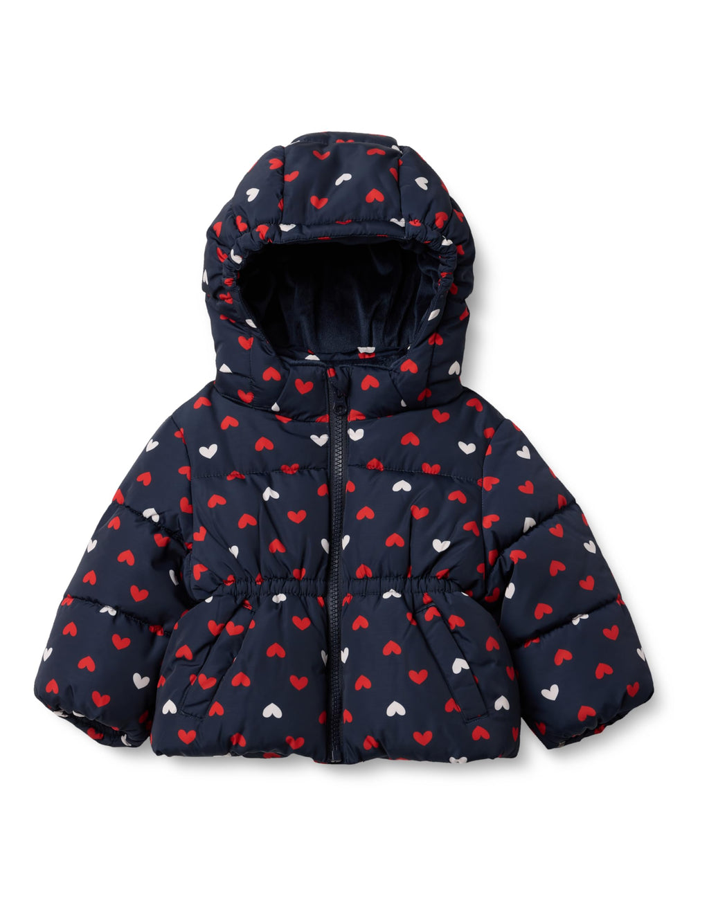 Amazon Essentials x Sofia Grainge Toddler Girls' Water-Resistant Hooded Puffer Jacket, Navy Hearts, 3T
