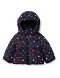 Amazon Essentials x Sofia Grainge Toddler Girls' Water-Resistant Hooded Puffer Jacket, Navy Hearts, 3T