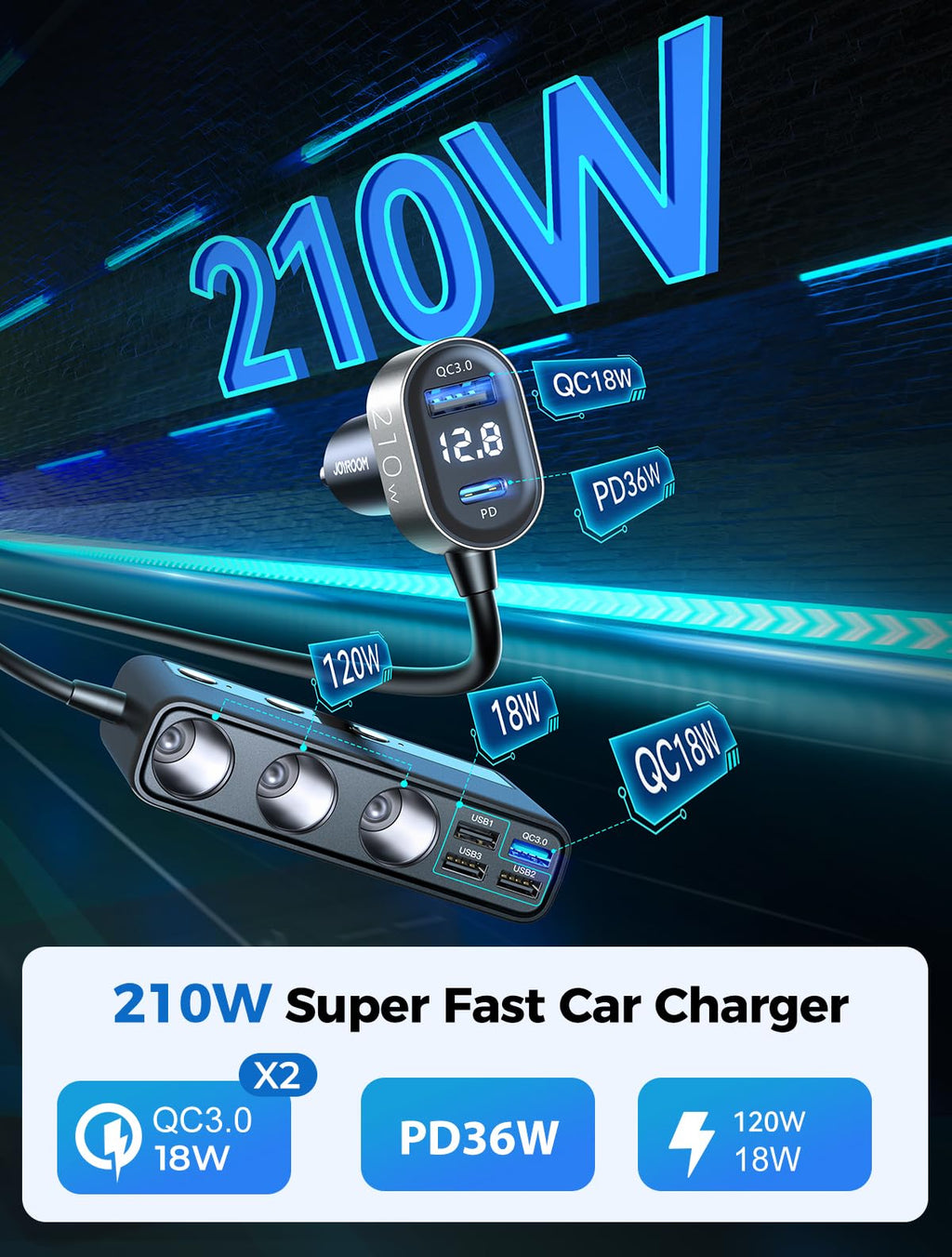 9 in 1 Cigarette Lighter Splitter, JOYROOM 210W Cigarette Lighter Adapter with PD/QC 3.0 * 2 Charge(3.3FT Cable), 12V/24V Independent Switches DC Cigarette Outlet Car Charger for All Car Devices
