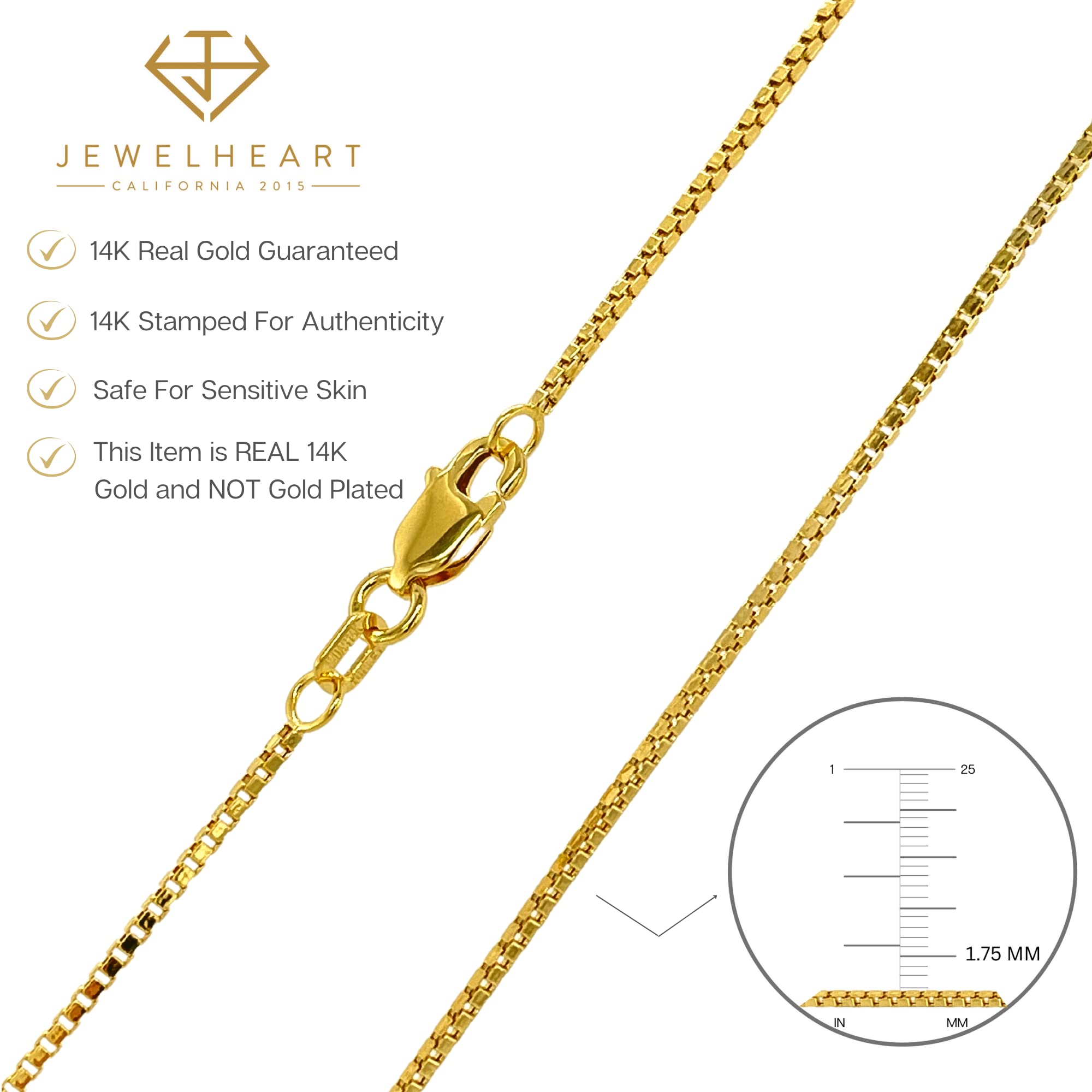 JEWELHEART 14K Real Gold Box Chain - 1.75mm Diamond Cut Yellow Gold Link Chain Necklace For Men - Dainty Gold Pendant Necklace For Women with Lobster Clasp 20"