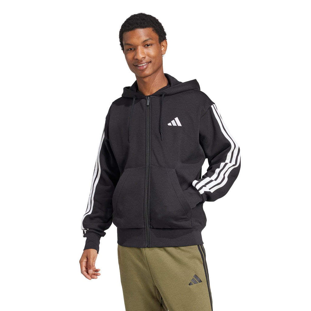 adidas Men's Essentials 3-Stripes Fleece Full-Zip Hooded Track Top, Black/White, Large