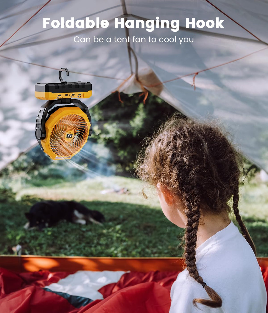 36000mAh Portable Camping Fan - 120HRS Rechargeable Fan with Detachable Battery with LED & Remote - 4 Speeds Battery Powered for Tent,Travel, Office, Jobsite
