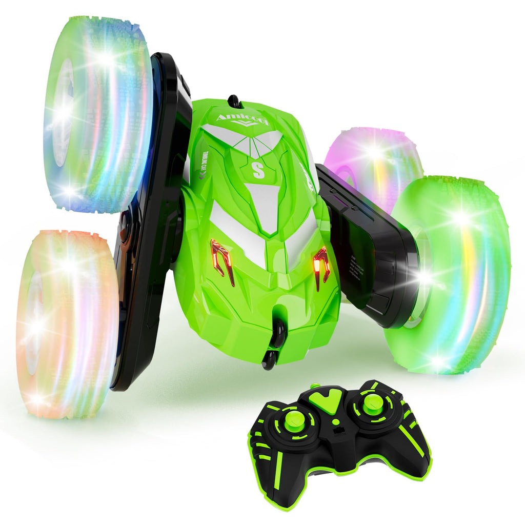 Amicool Remote Control Car for Boy 6-12 with Flashing Light, 6 7 8 9 Years Old Boy Toys, Race RC Cars Stunt Drift 4WD 2.4Ghz Double Sided 360° Flip, Boys Gift Idea for Kids Birthday Christmas, Green
