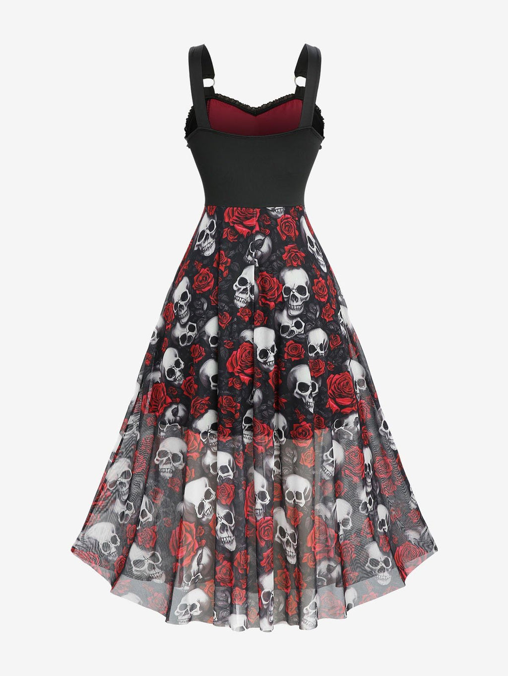 Rosegal Plus Size Gothic Dress for Women Halloween Costume Dress Skull Rose Print Mesh Maxi Tank Goth Swing Dresses Witchy Costume Vampire Dresses with Pockets(Red/L)
